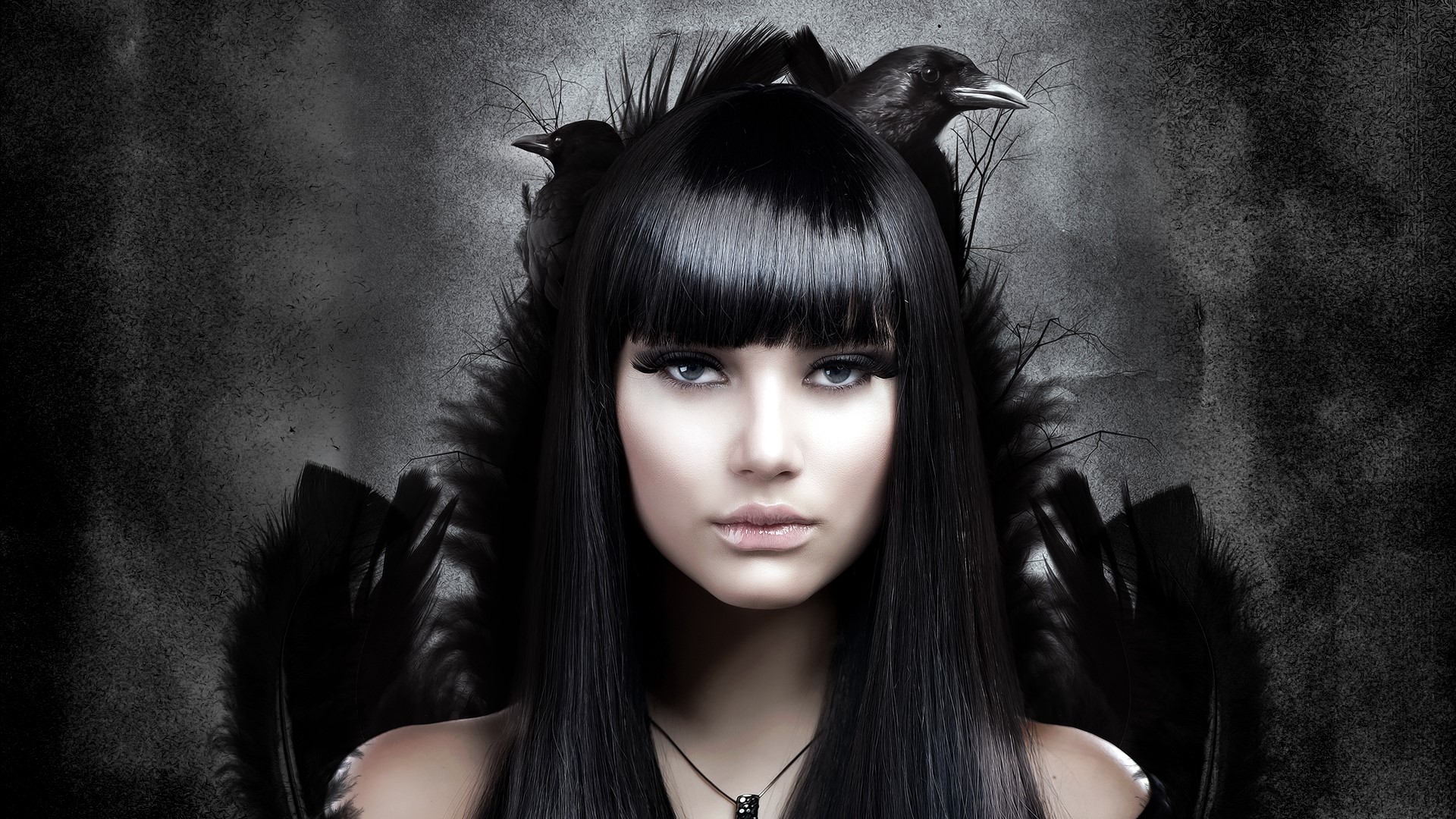 Gothic woman with black hair and crows HD Wallpaper
