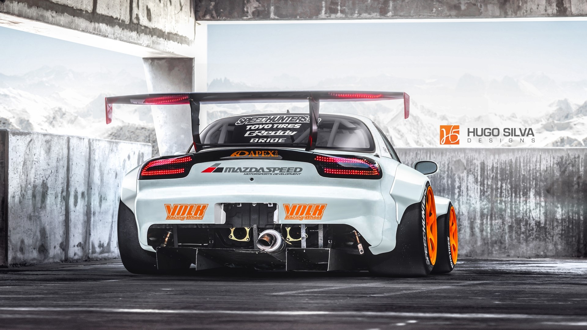 White Mazda RX-7 with large rear wing and racing decals HD Wallpaper