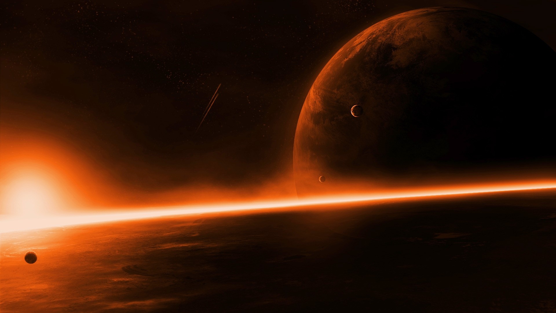 Orange planet and moons in space HD Wallpaper