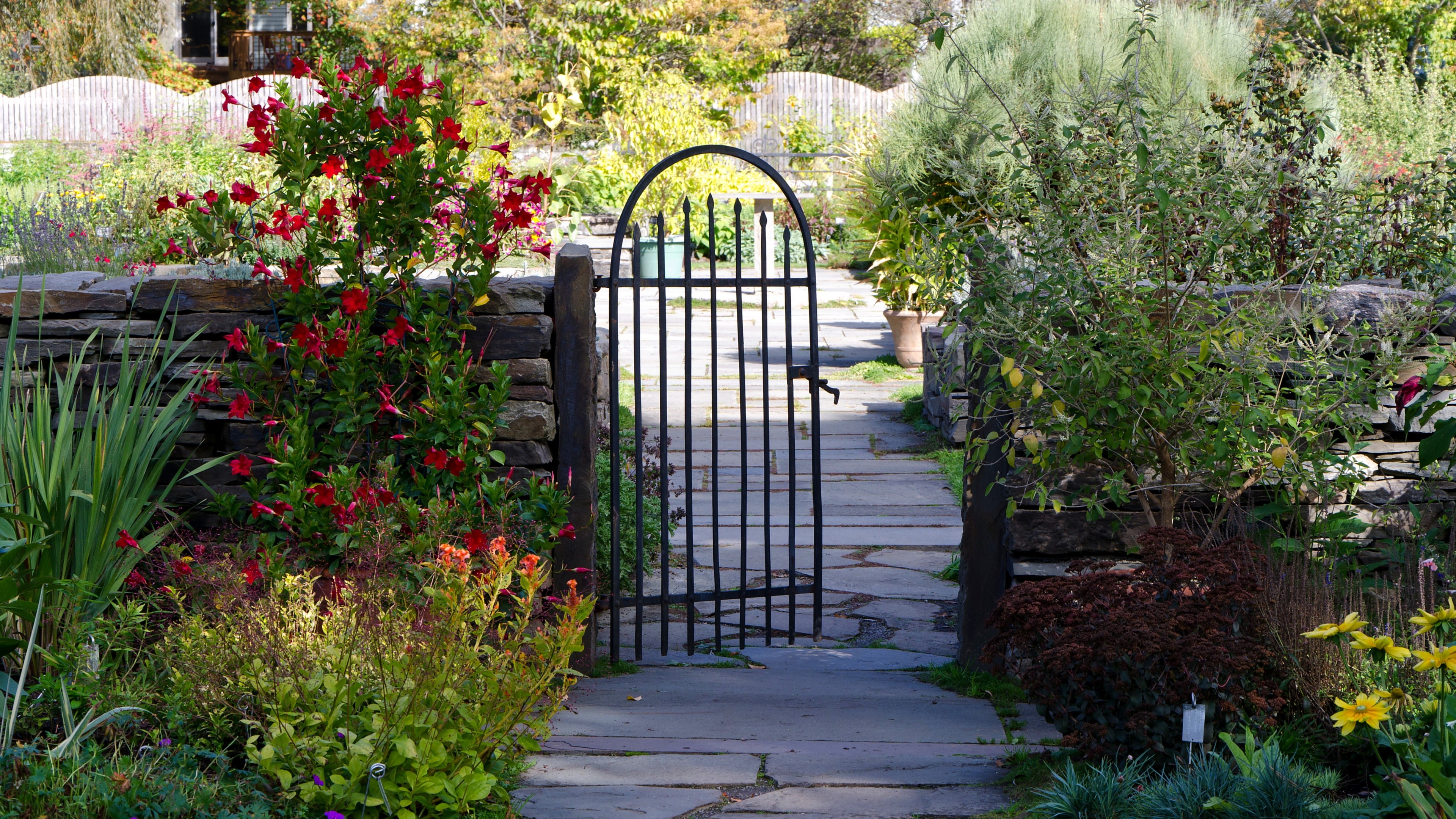 Garden gate with stone walls and flowers HD Wallpaper