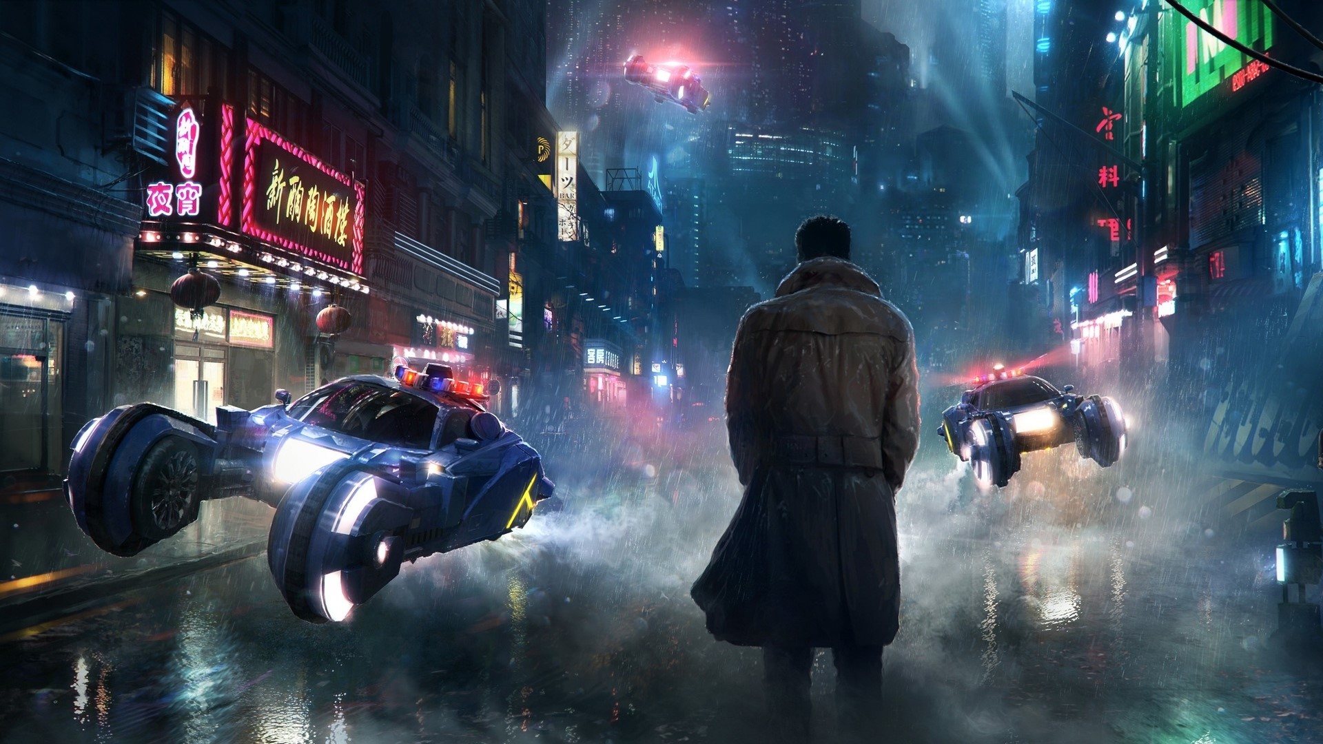 Blade Runner 2049 flying police cars and man HD Wallpaper