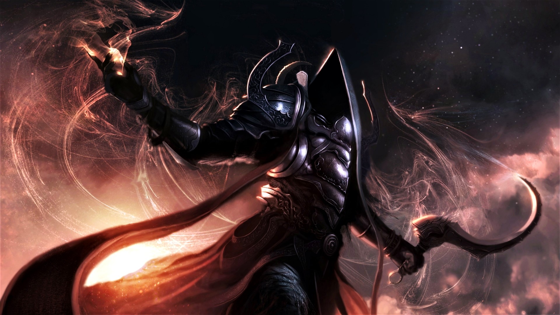 Dark armored warrior with glowing energy and scythe HD Wallpaper