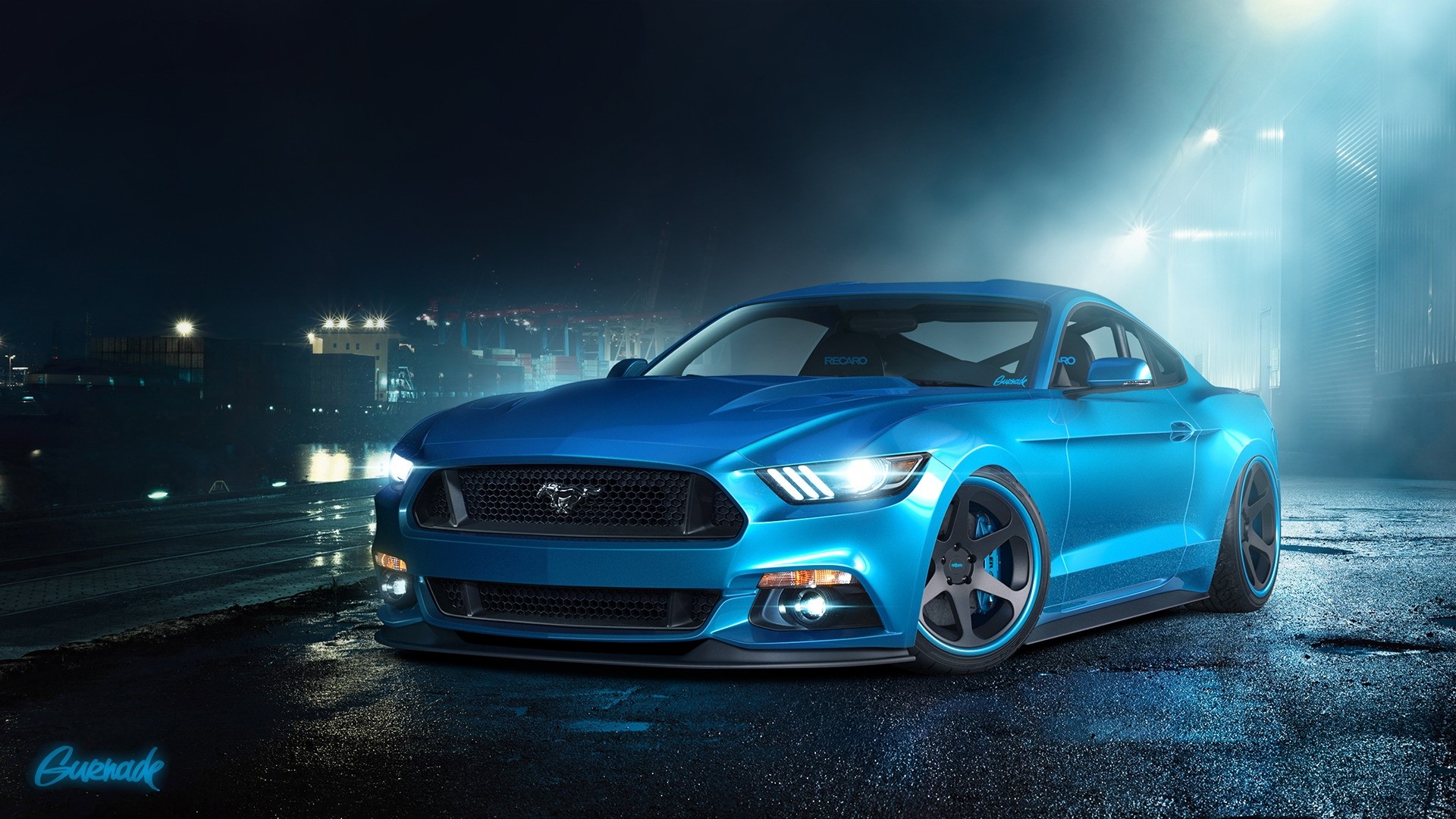 Blue Ford Mustang at Night HD Wallpaper