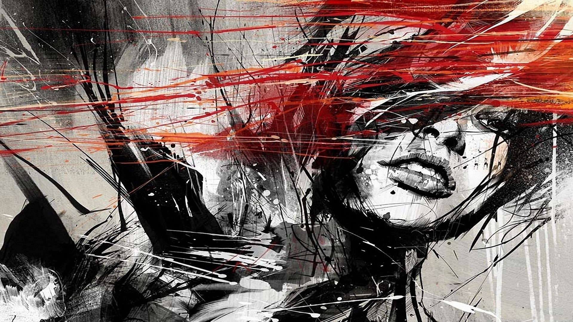 Abstract sketch of a woman with red streaks HD Wallpaper