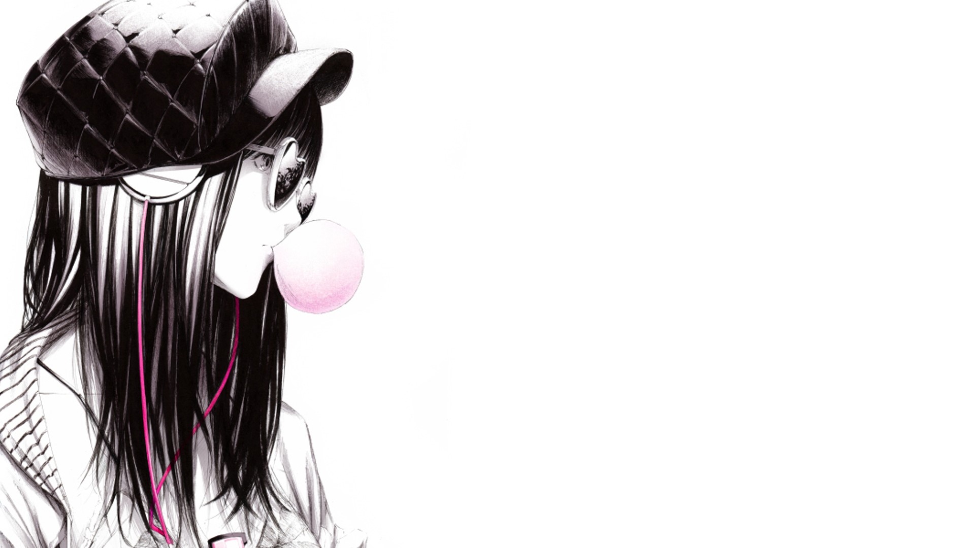 Girl with bubble gum and headphones HD Wallpaper