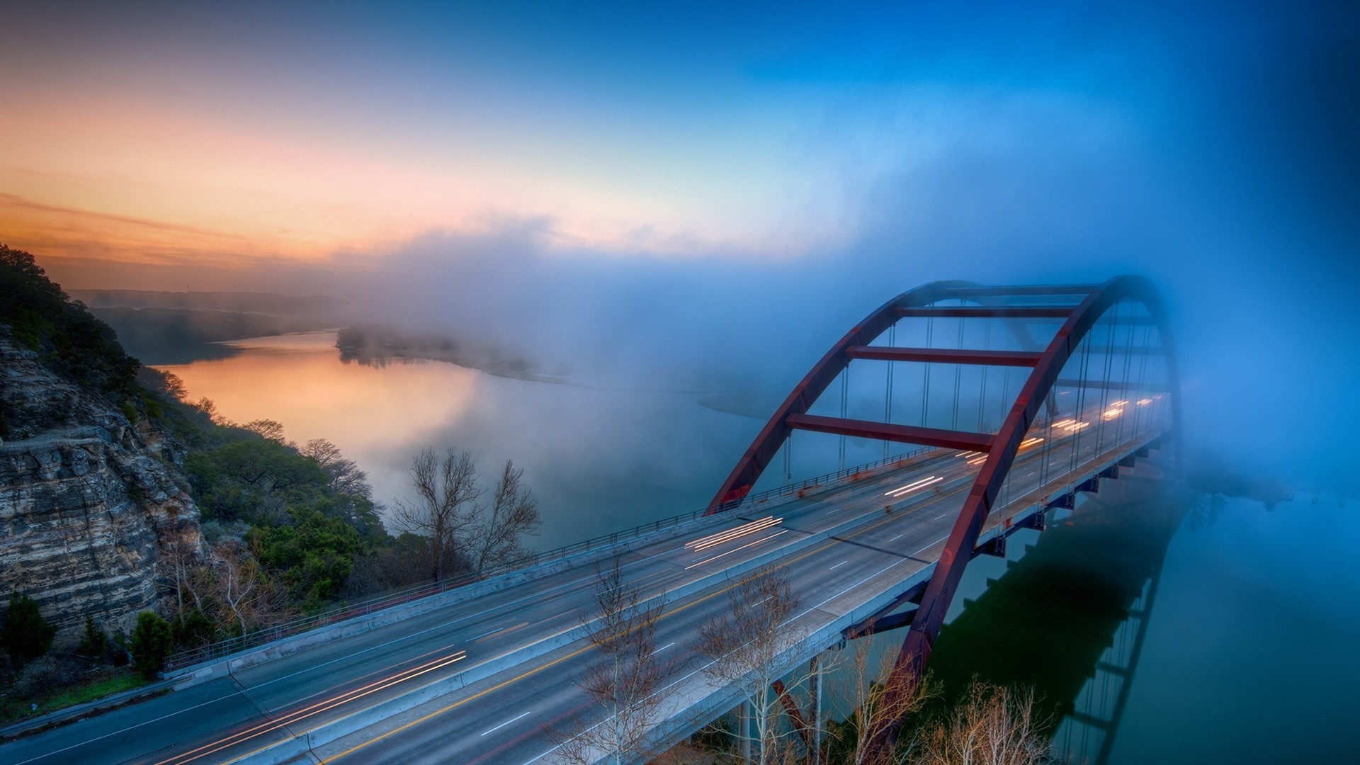 Pennybacker Bridge over Colorado River at Sunrise HD Wallpaper