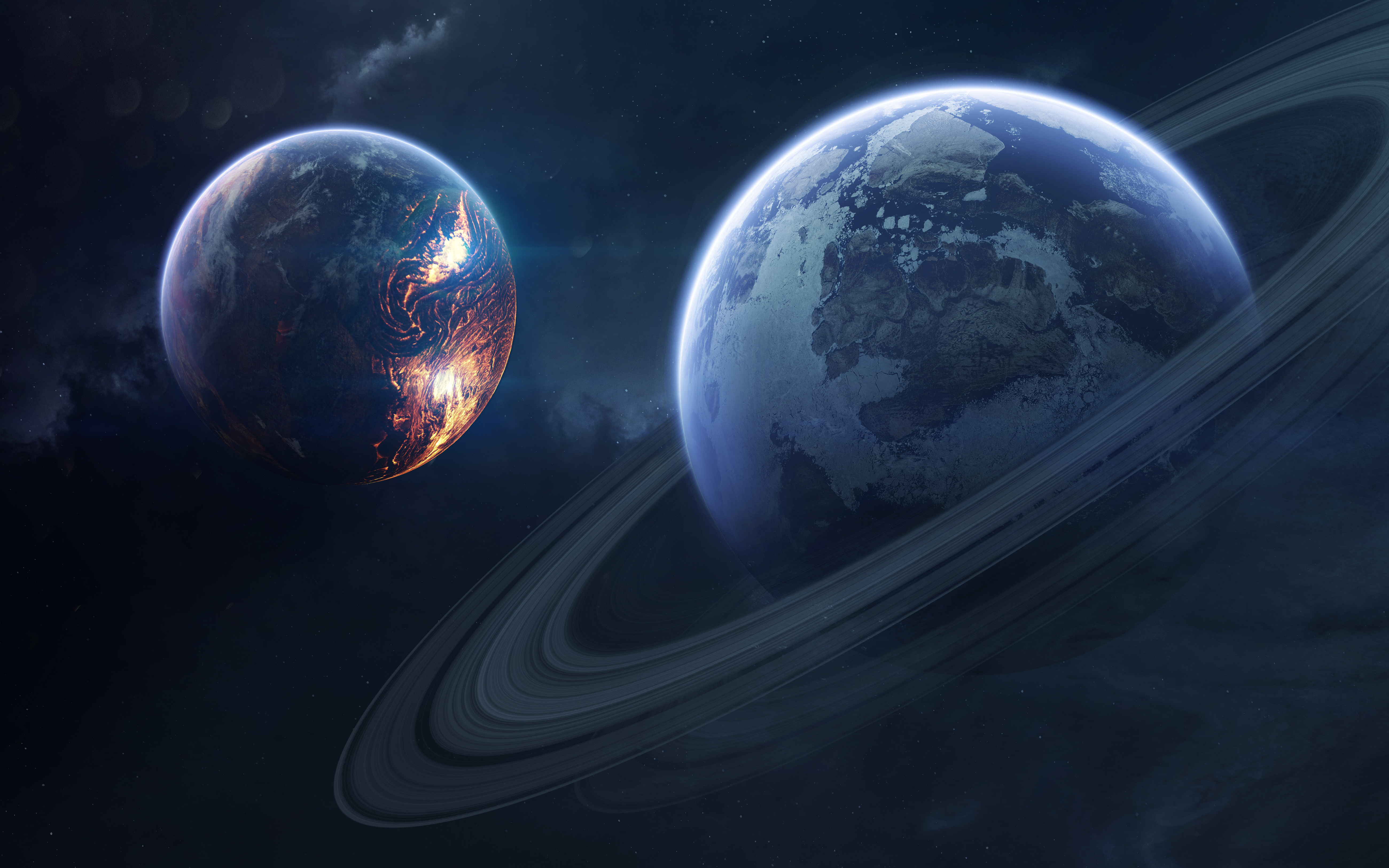 Two planets in deep space, one with rings HD Wallpaper