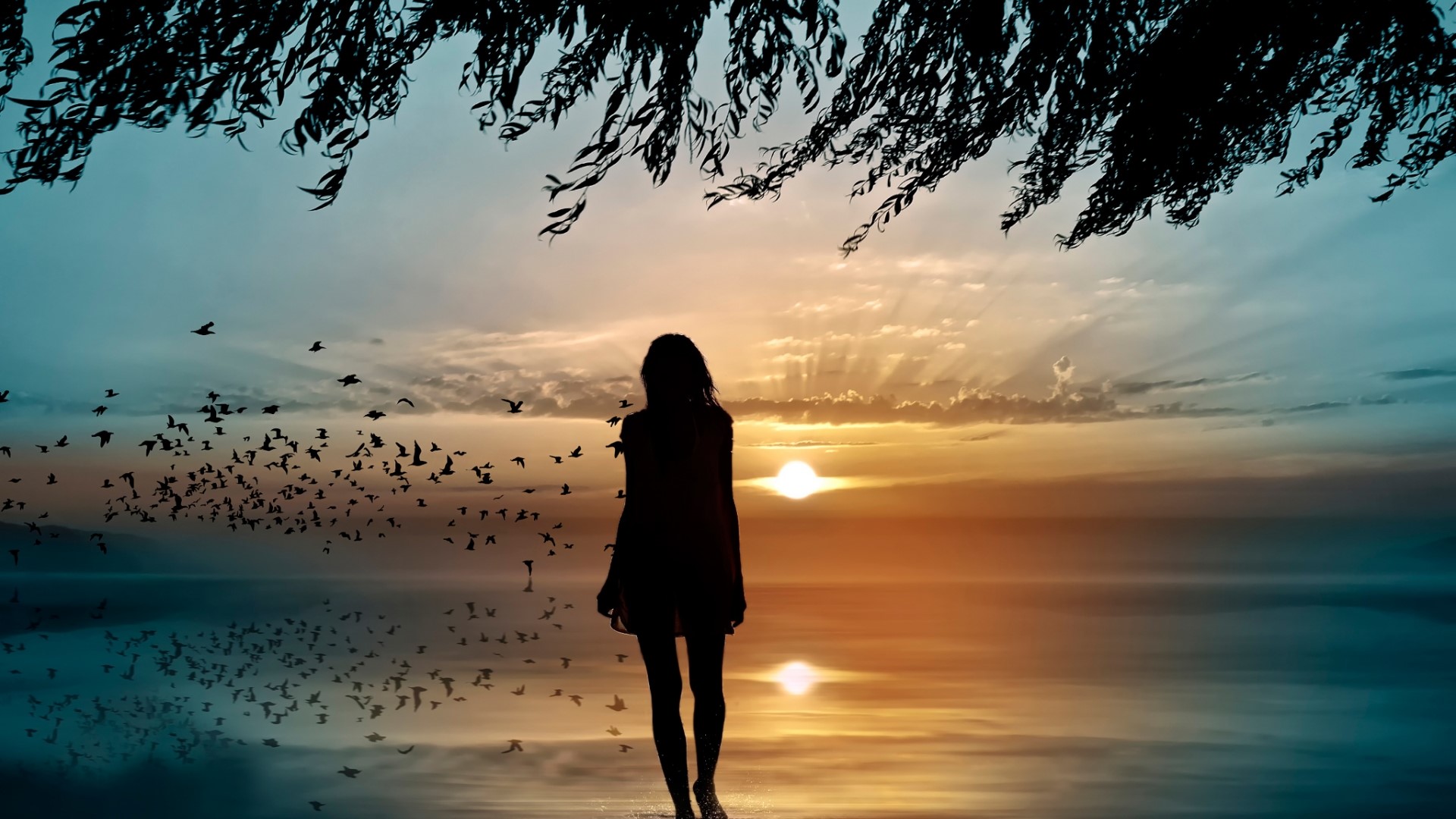 Silhouette of a woman at sunset with birds flying HD Wallpaper