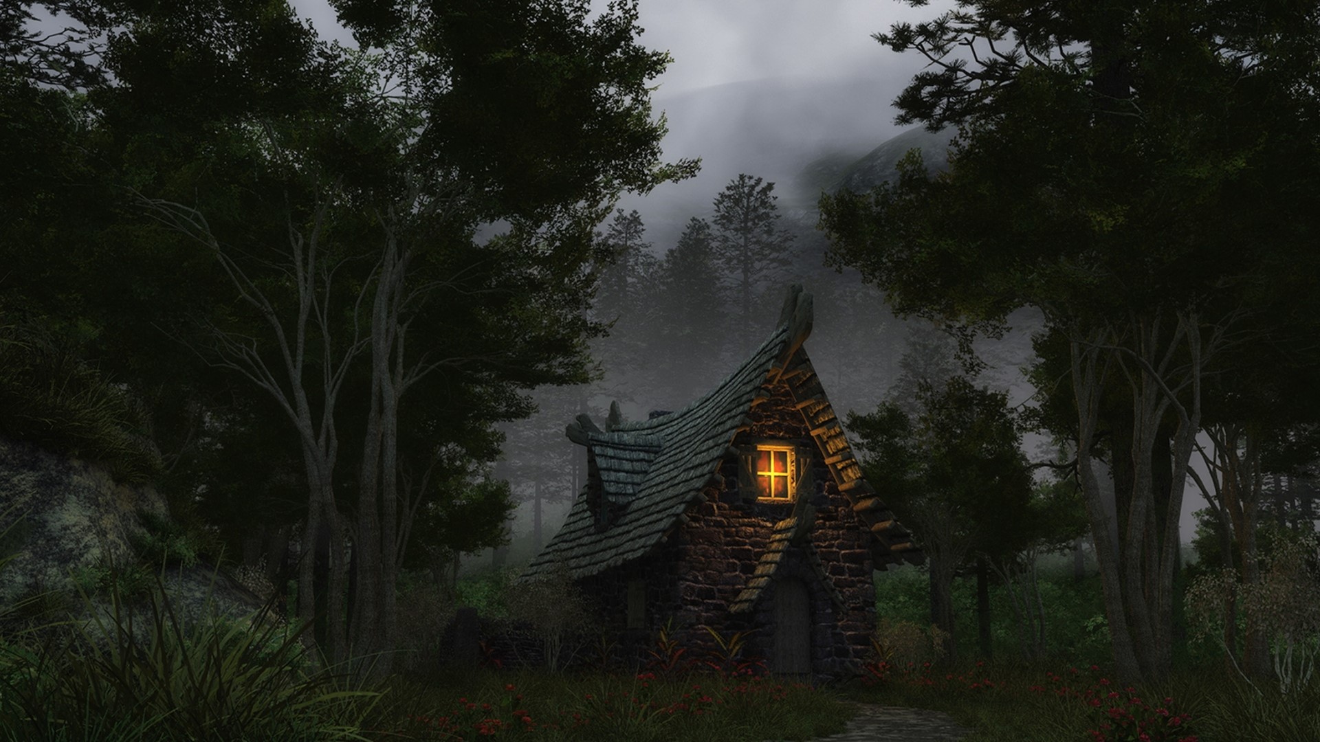 Fantasy cottage in a dark, misty forest HD Wallpaper