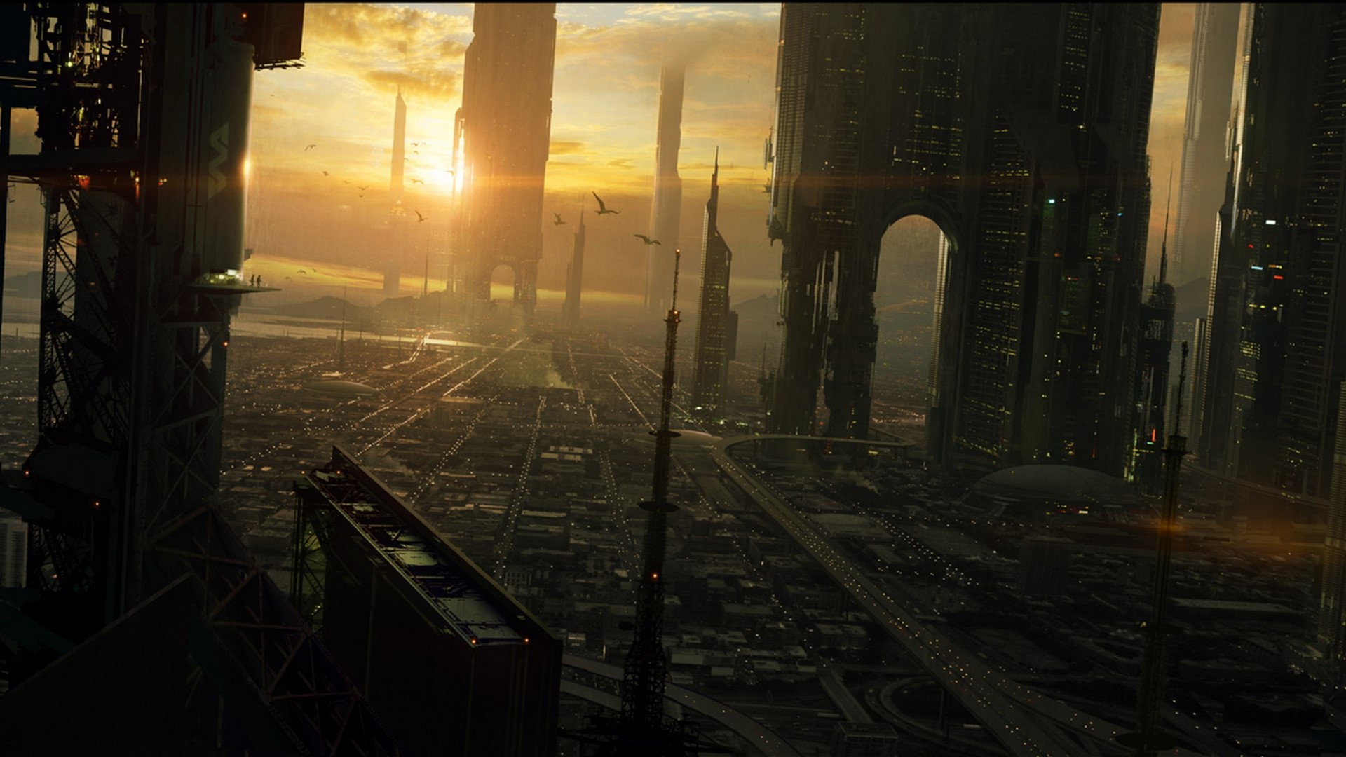 Futuristic city skyline at sunset with flying vehicles HD Wallpaper