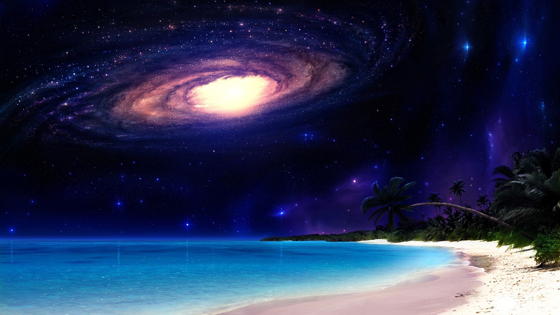 Fantasy Galaxy Over Tropical Beach HD Wallpaper