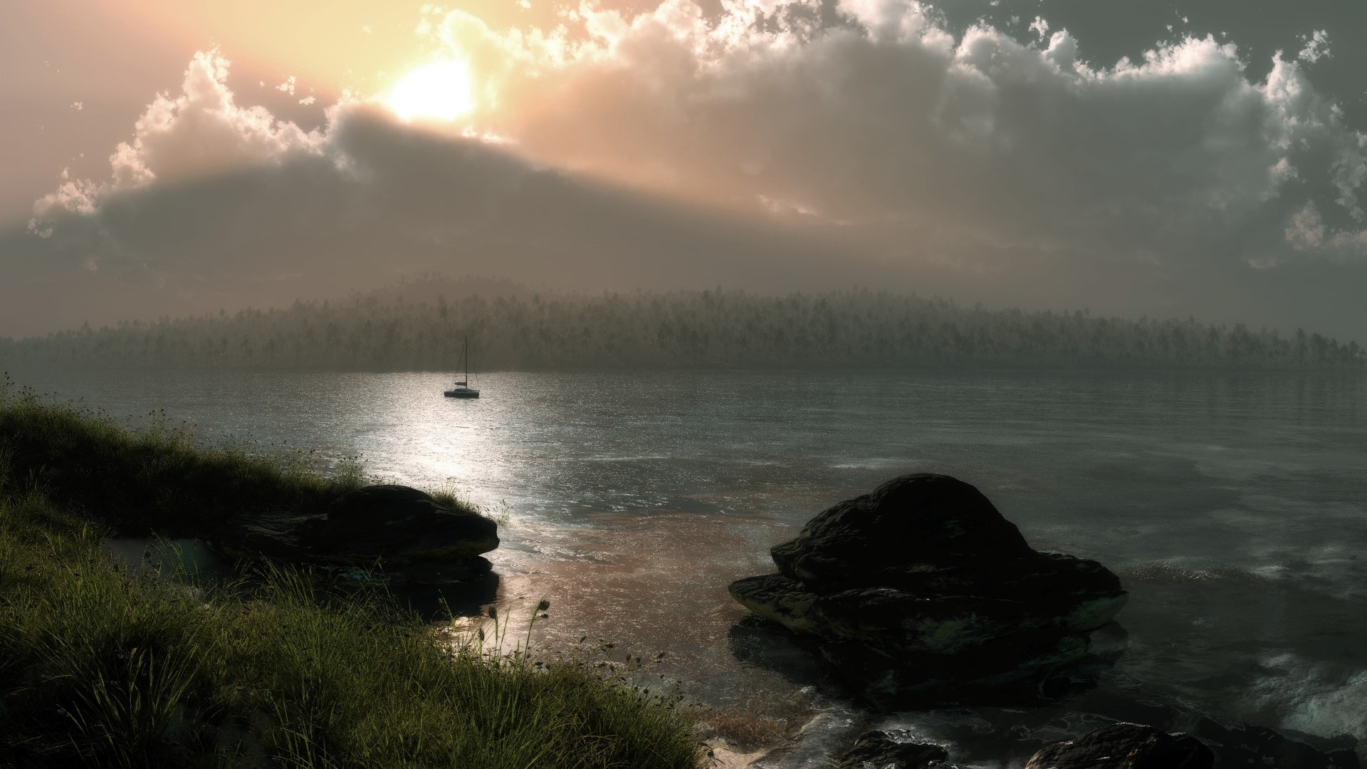 Sailboat on a misty lake with sunlit clouds HD Wallpaper