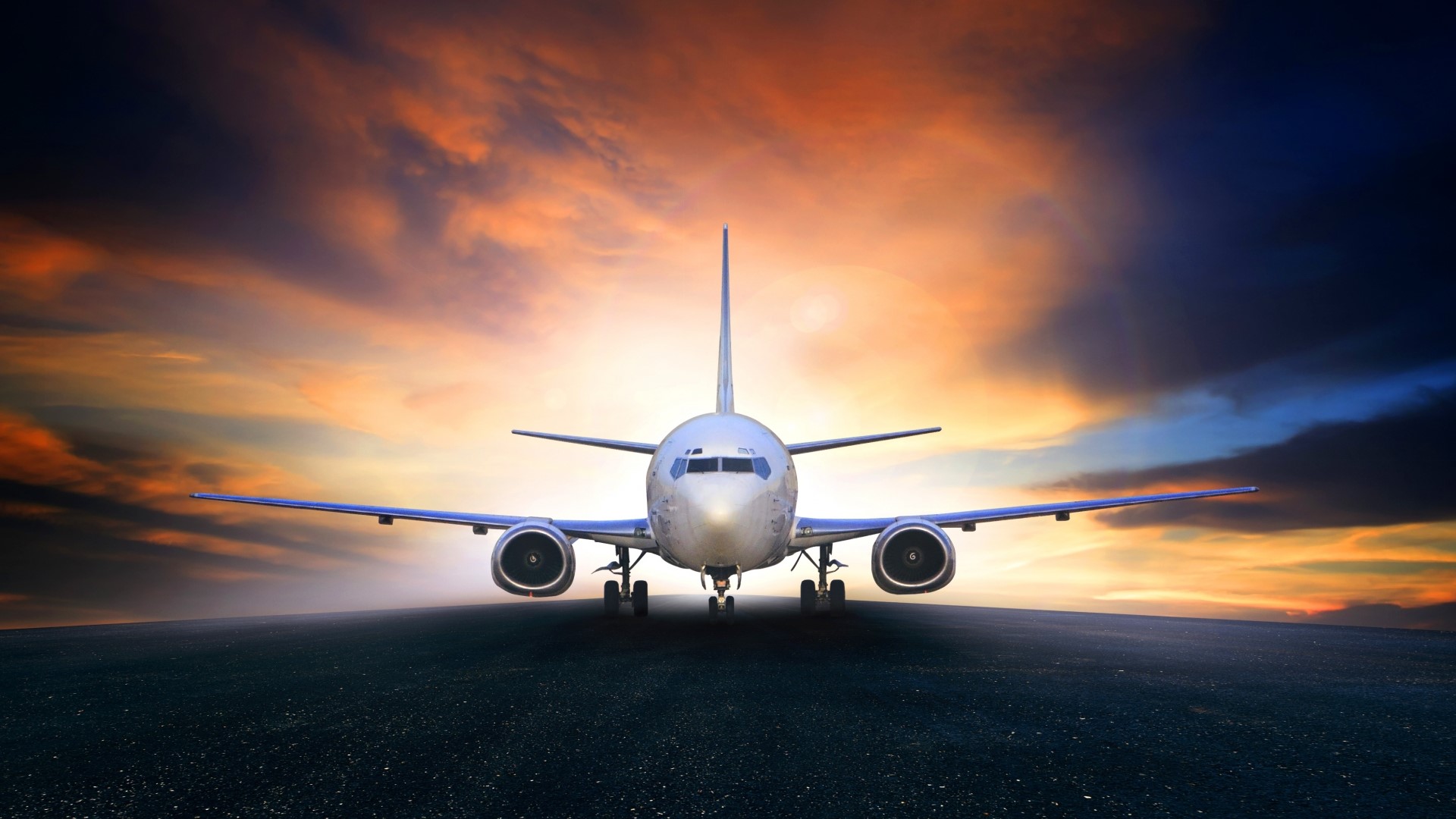 Airplane on runway at sunset HD Wallpaper