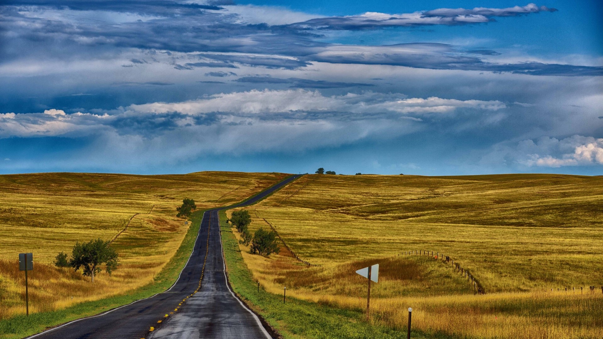 Road through a grassy field under a cloudy sky HD Wallpaper