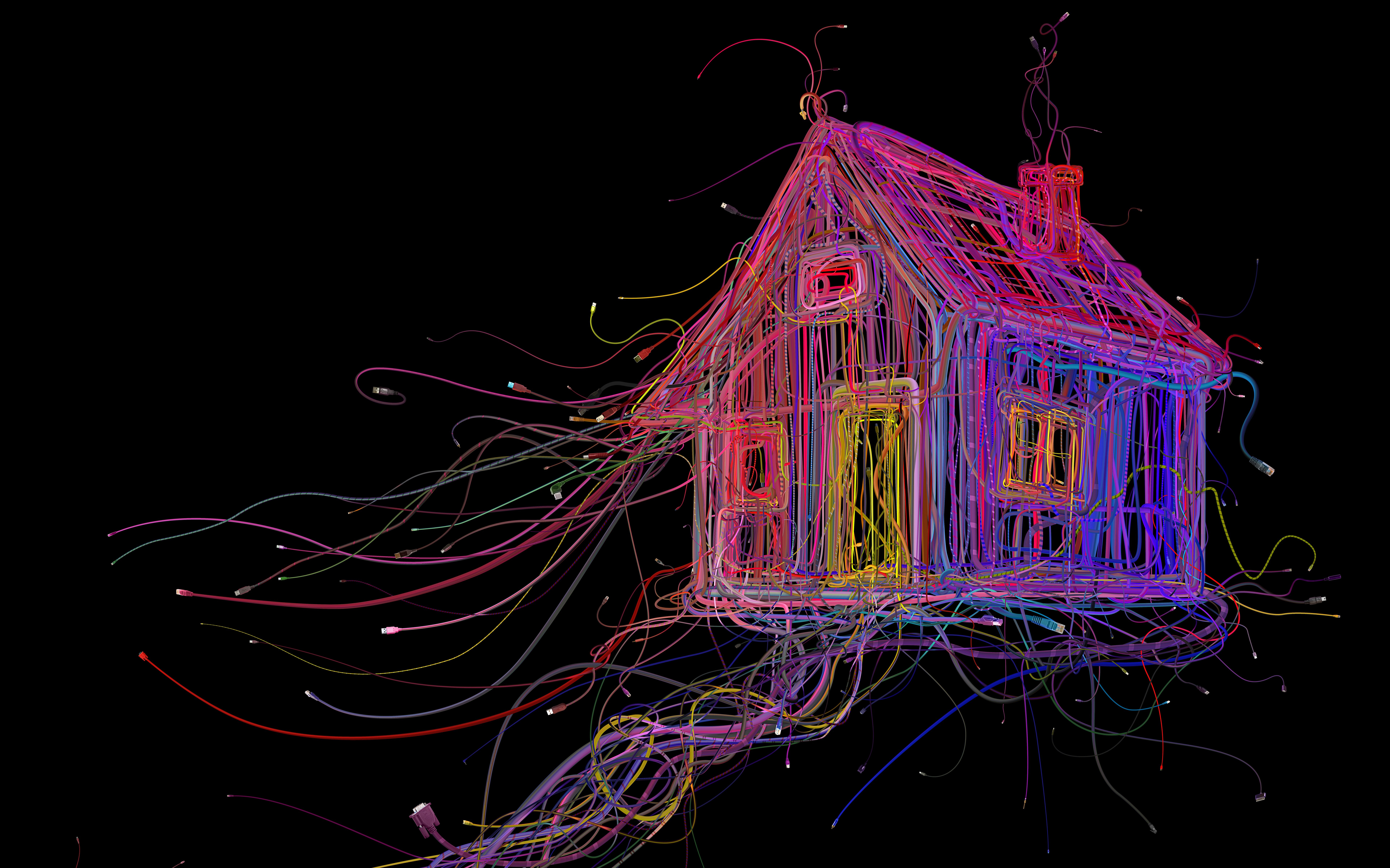 House made of colorful wires on black background HD Wallpaper