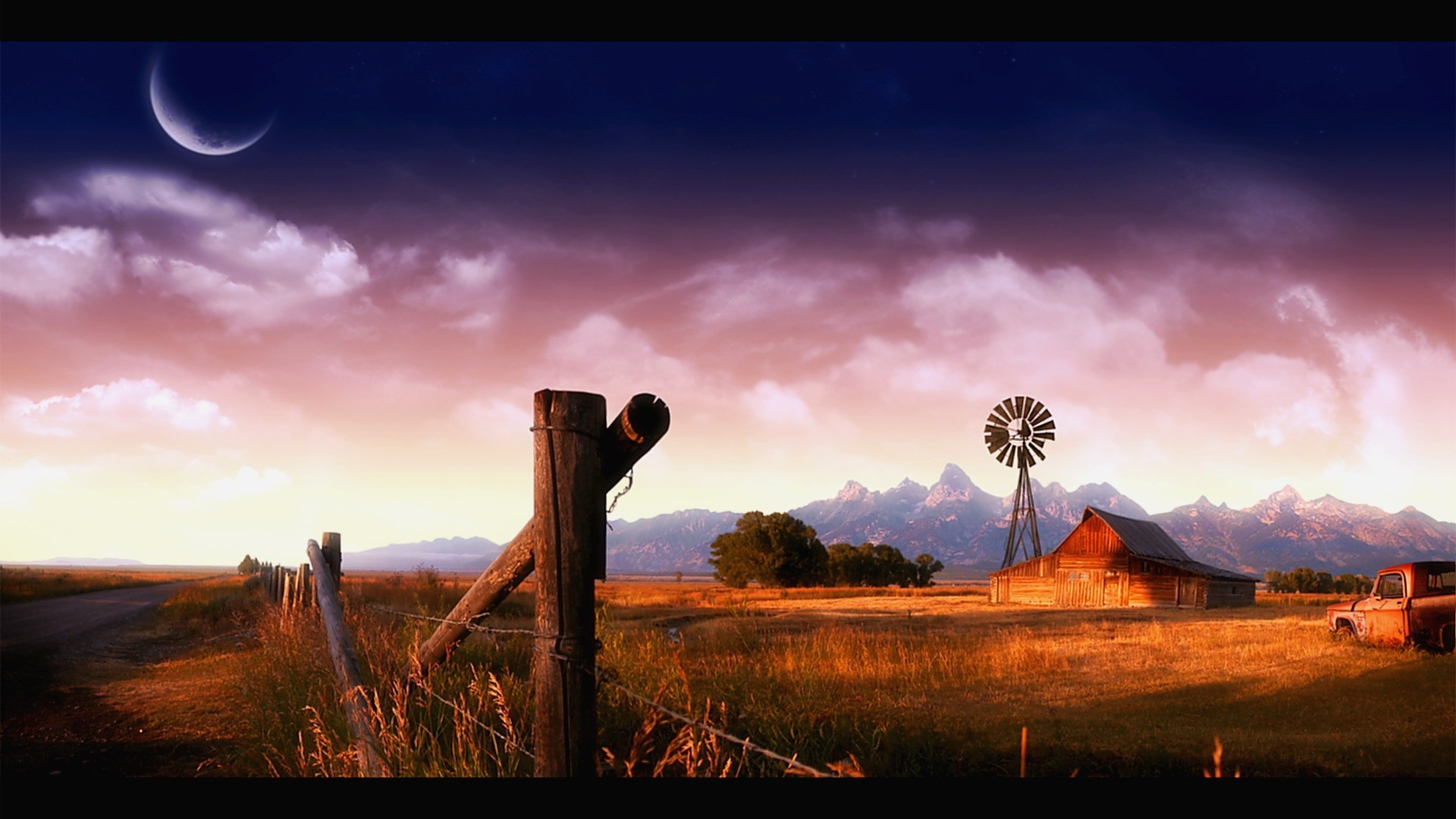 Rural landscape with barn, windmill, and mountains at sunset HD Wallpaper