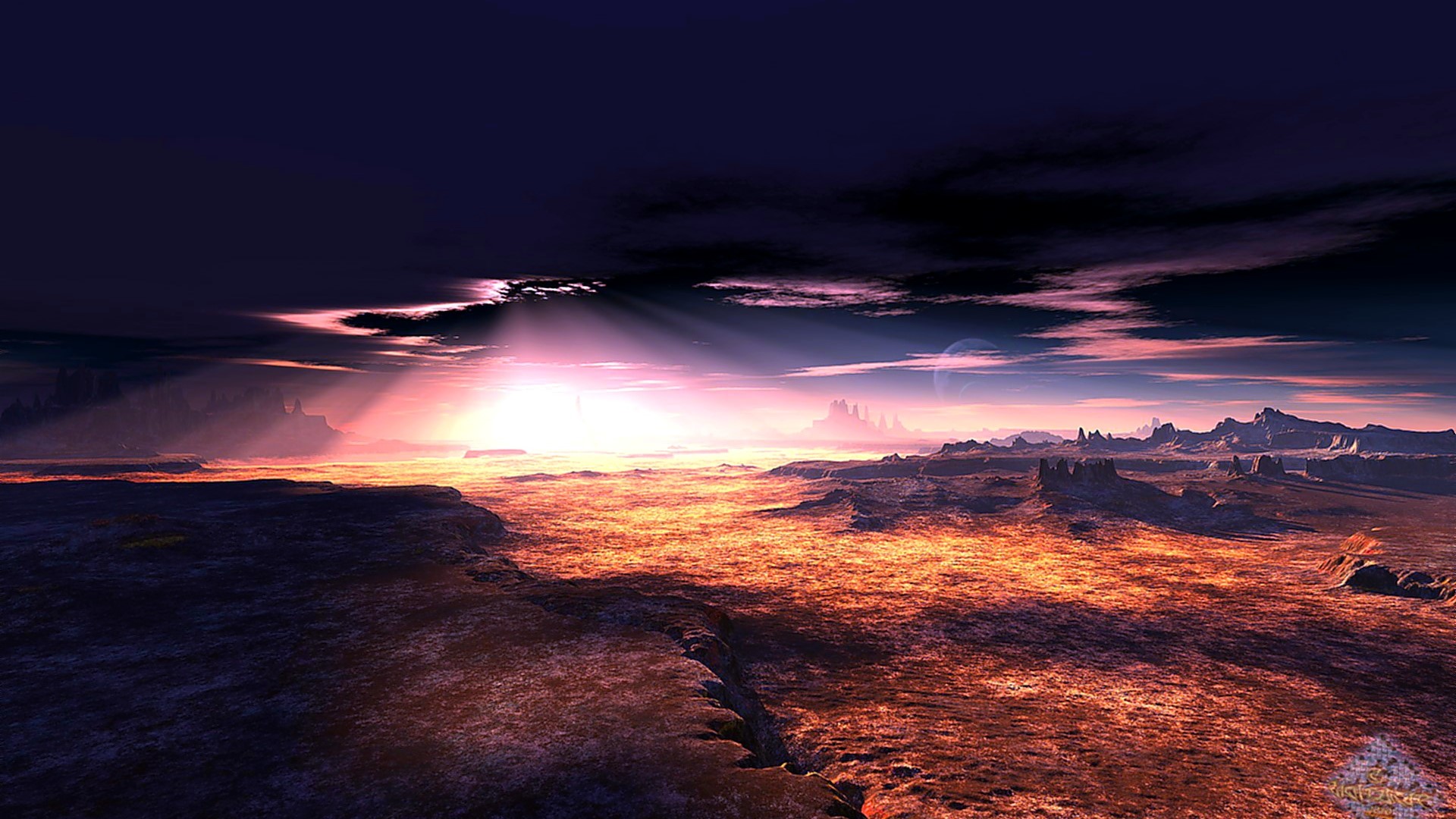 Alien landscape with sunbeams and distant mountains HD Wallpaper