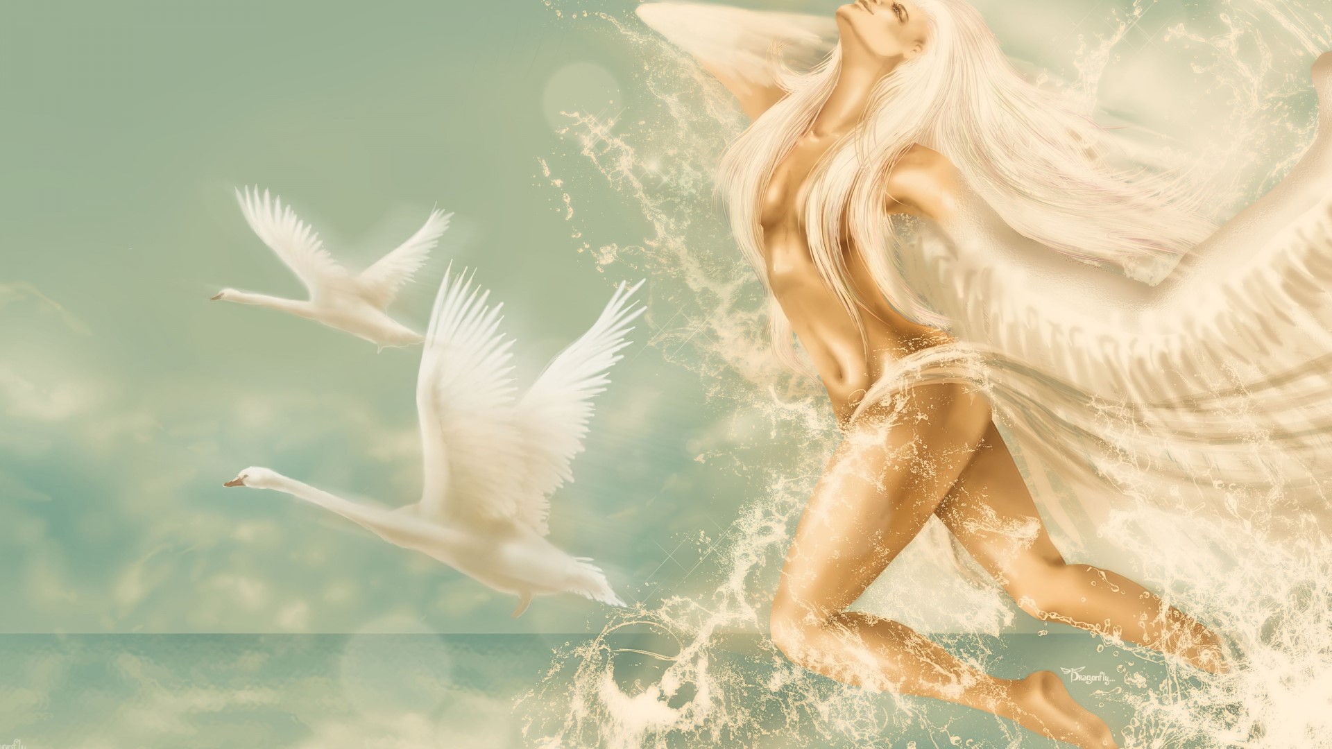 Woman with wings and swans flying HD Wallpaper