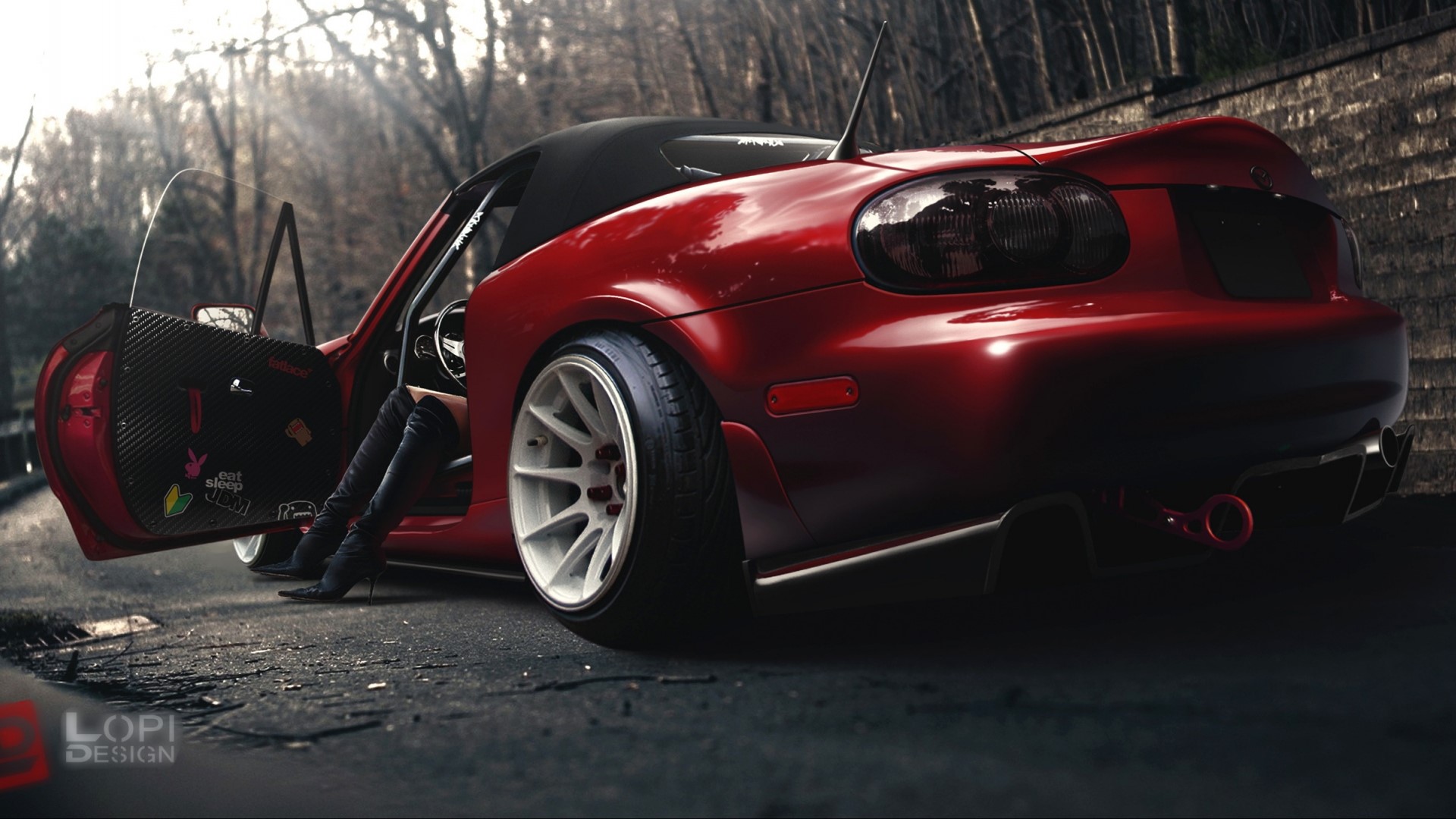 Red Mazda MX-5 with woman in boots HD Wallpaper