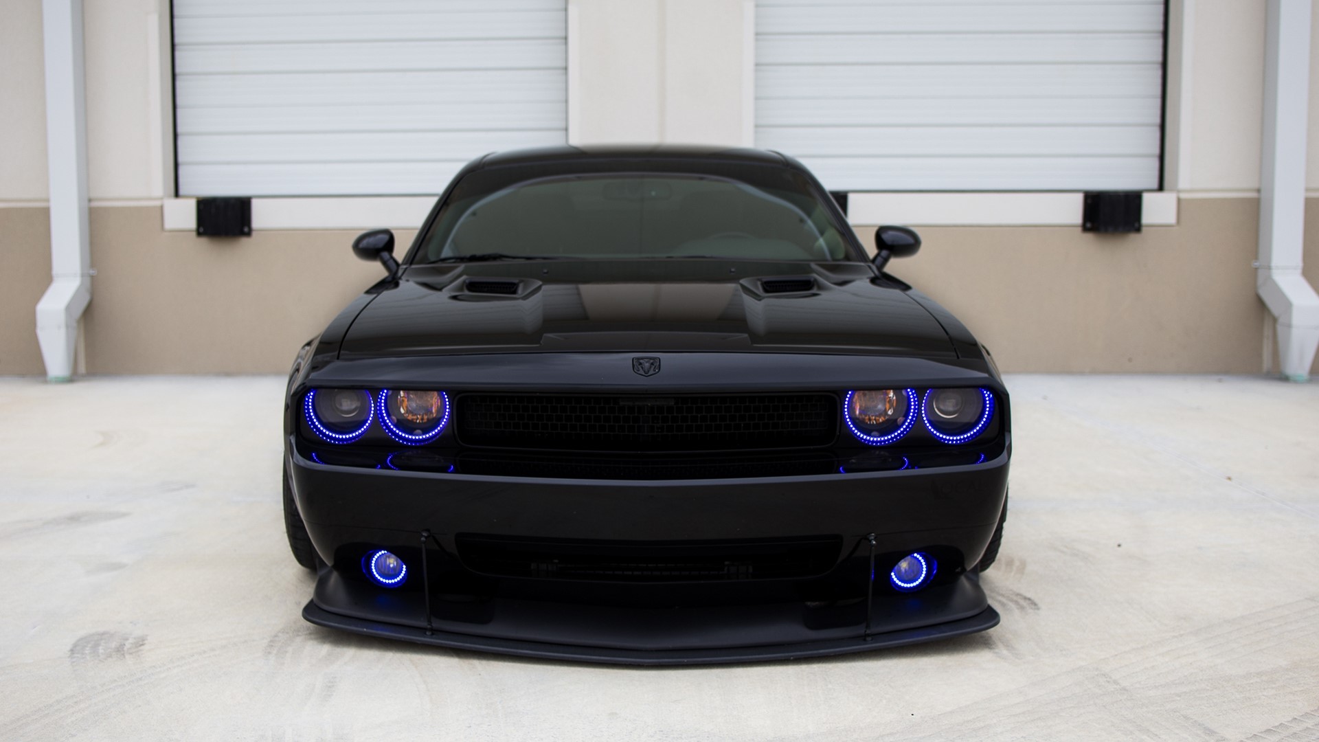 Black Dodge Challenger with blue halo headlights HD Wallpaper