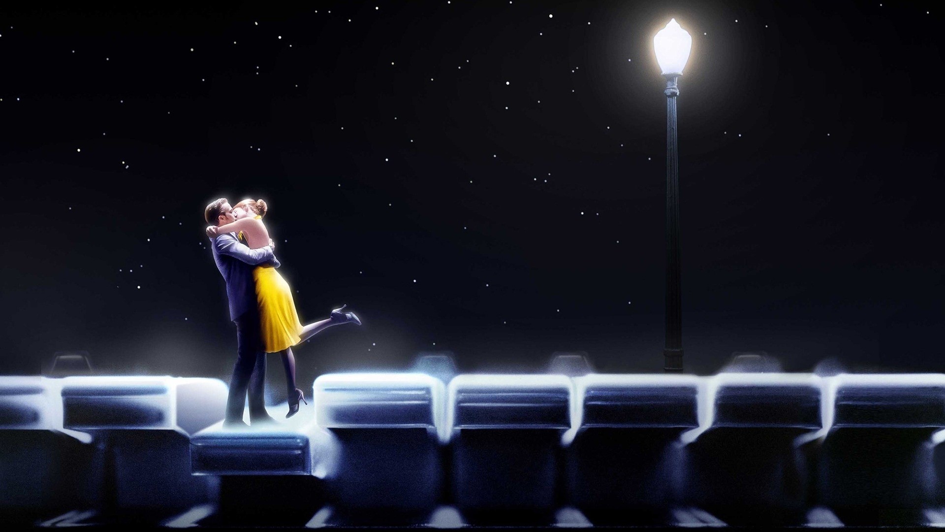 Couple kissing under the stars with a lamppost HD Wallpaper