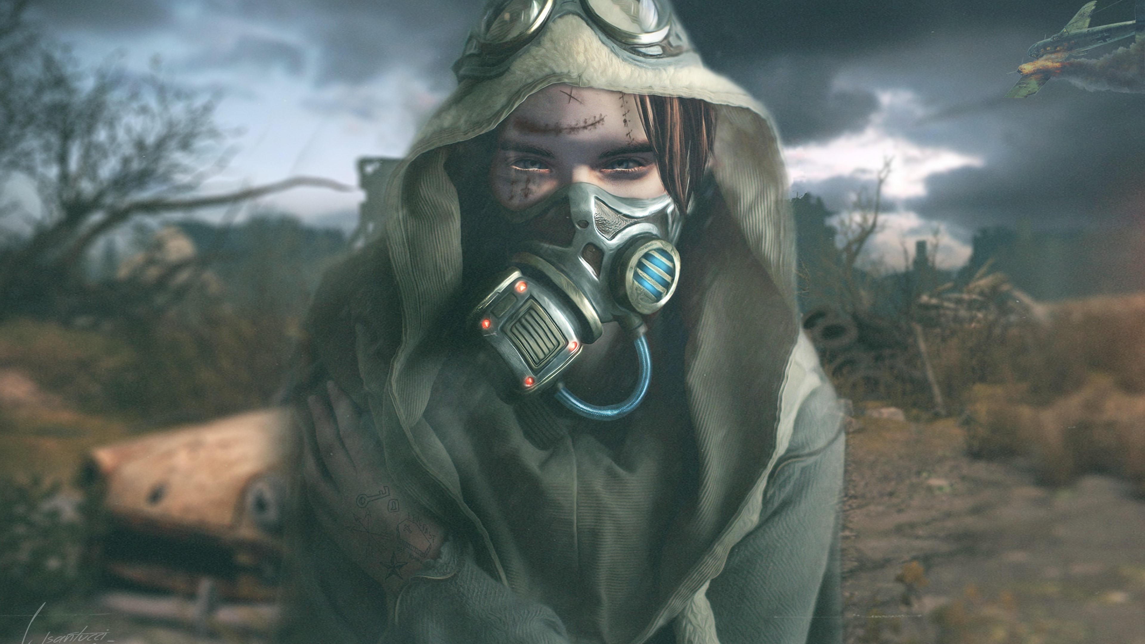 Girl in gas mask in post-apocalyptic landscape HD Wallpaper