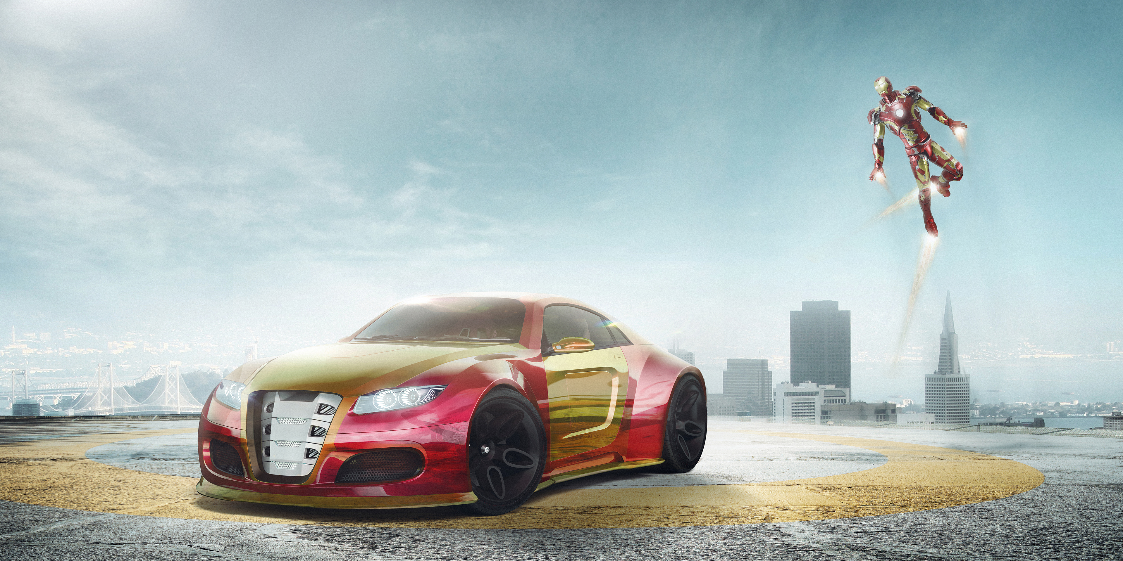 Iron Man flying near a concept supercar HD Wallpaper