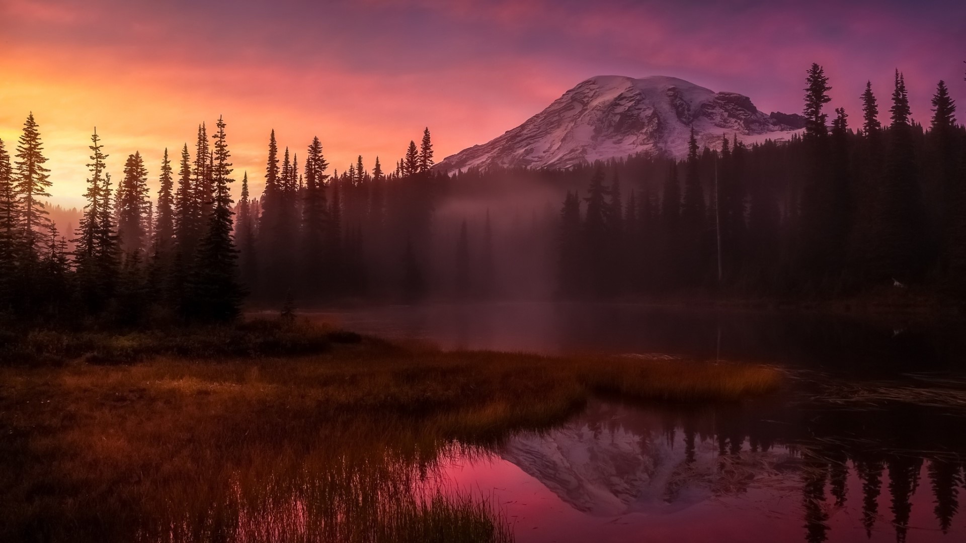 Mountain and forest lake at sunrise HD Wallpaper