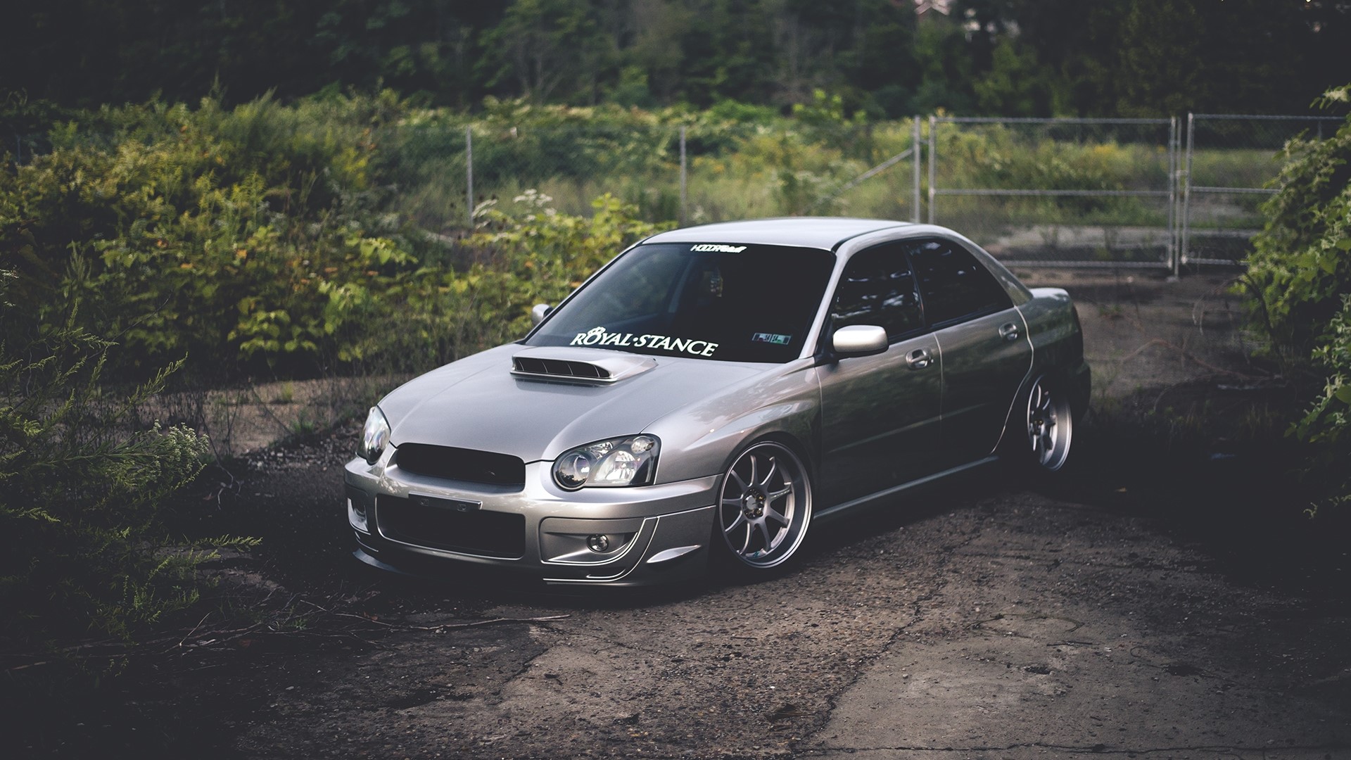 Silver Subaru Impreza with 'Royal Stance' banner HD Wallpaper