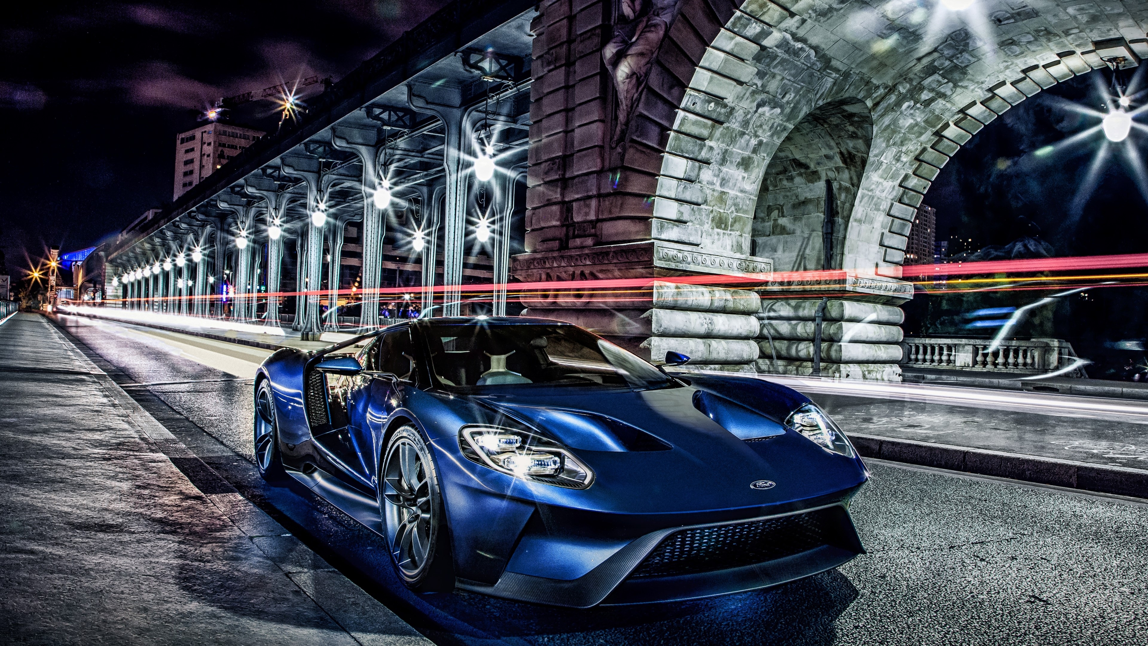 Blue Ford GT sports car on a bridge at night HD Wallpaper