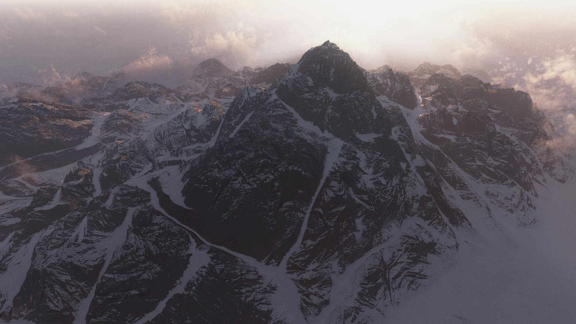 Snow-covered mountains under a cloudy sky HD Wallpaper