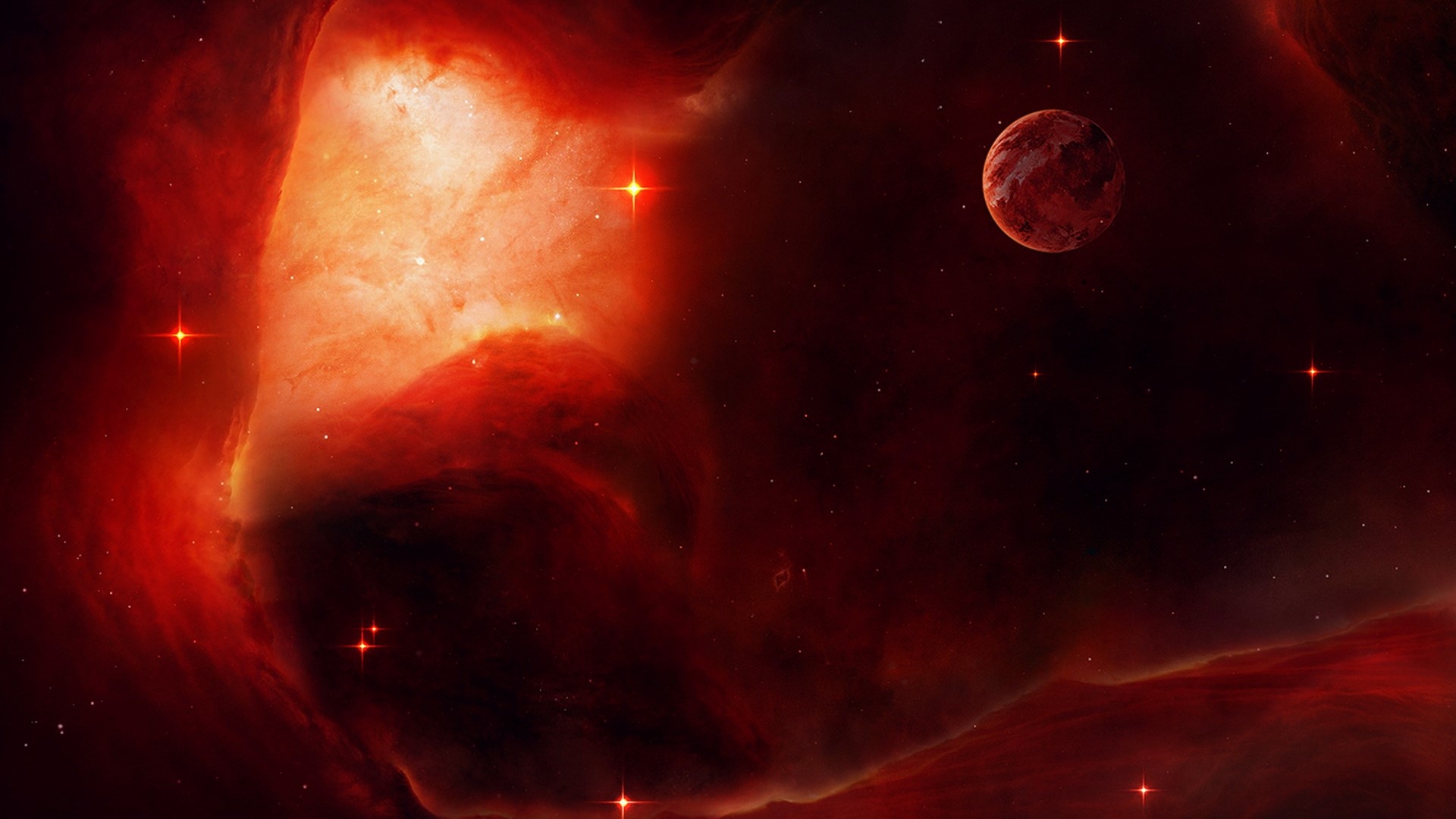 Red Nebula and Planet in Space HD Wallpaper