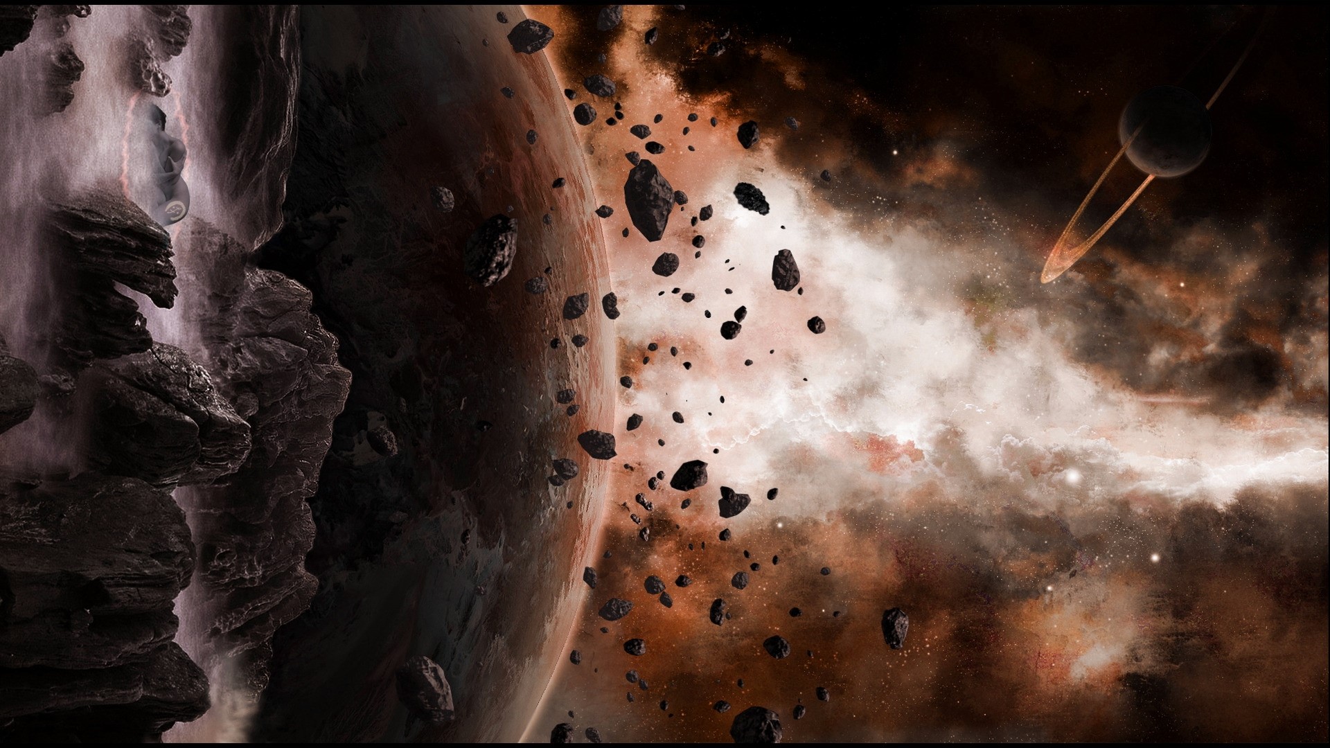Asteroid field with planets and nebula HD Wallpaper