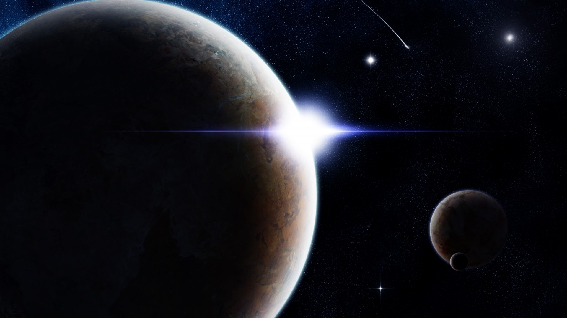 Planets and a shooting star in space HD Wallpaper