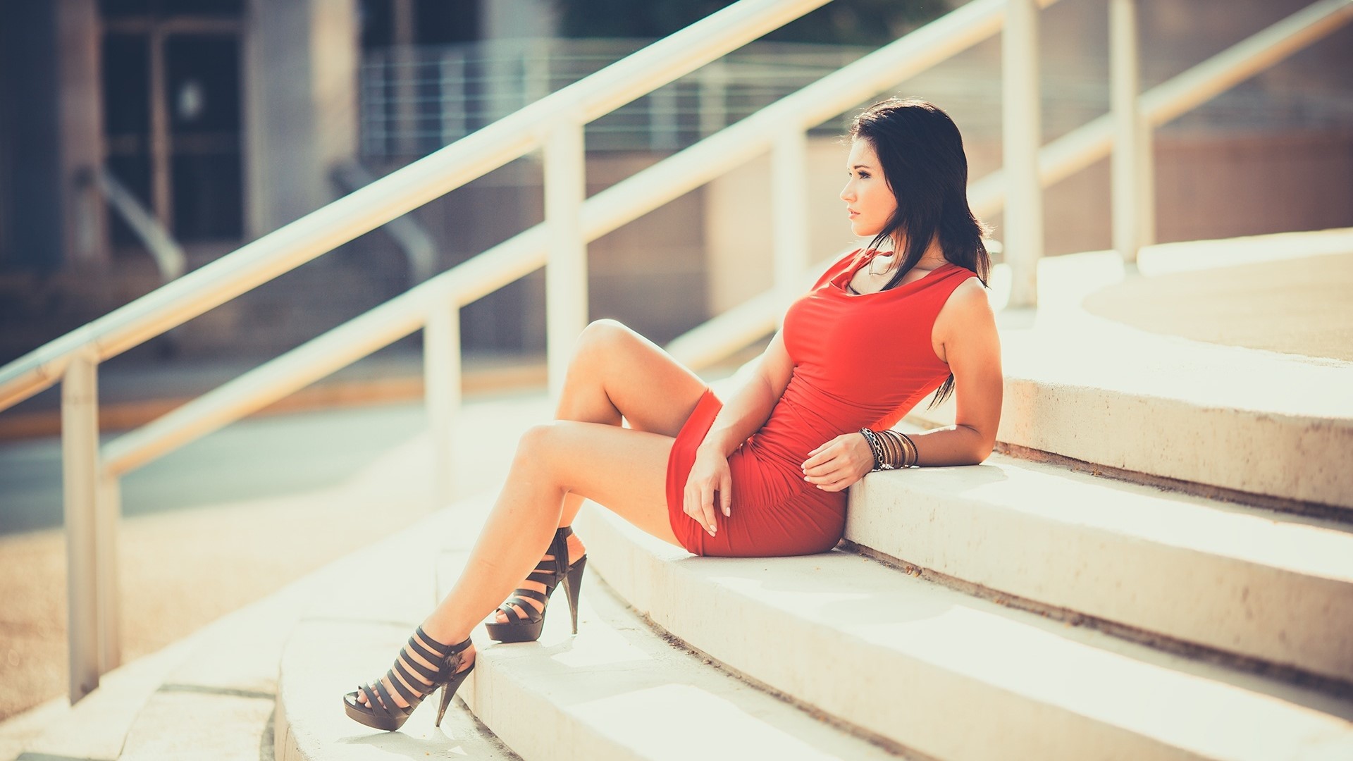 Woman in red dress sitting on stairs HD Wallpaper