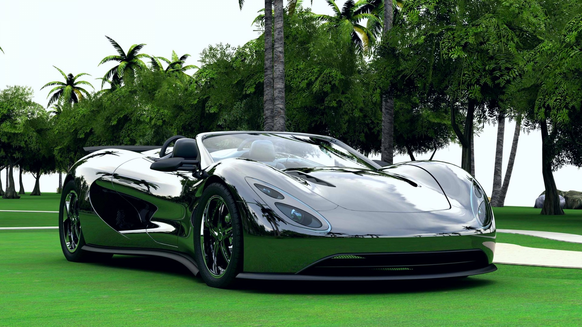 Chrome convertible sports car on a golf course HD Wallpaper