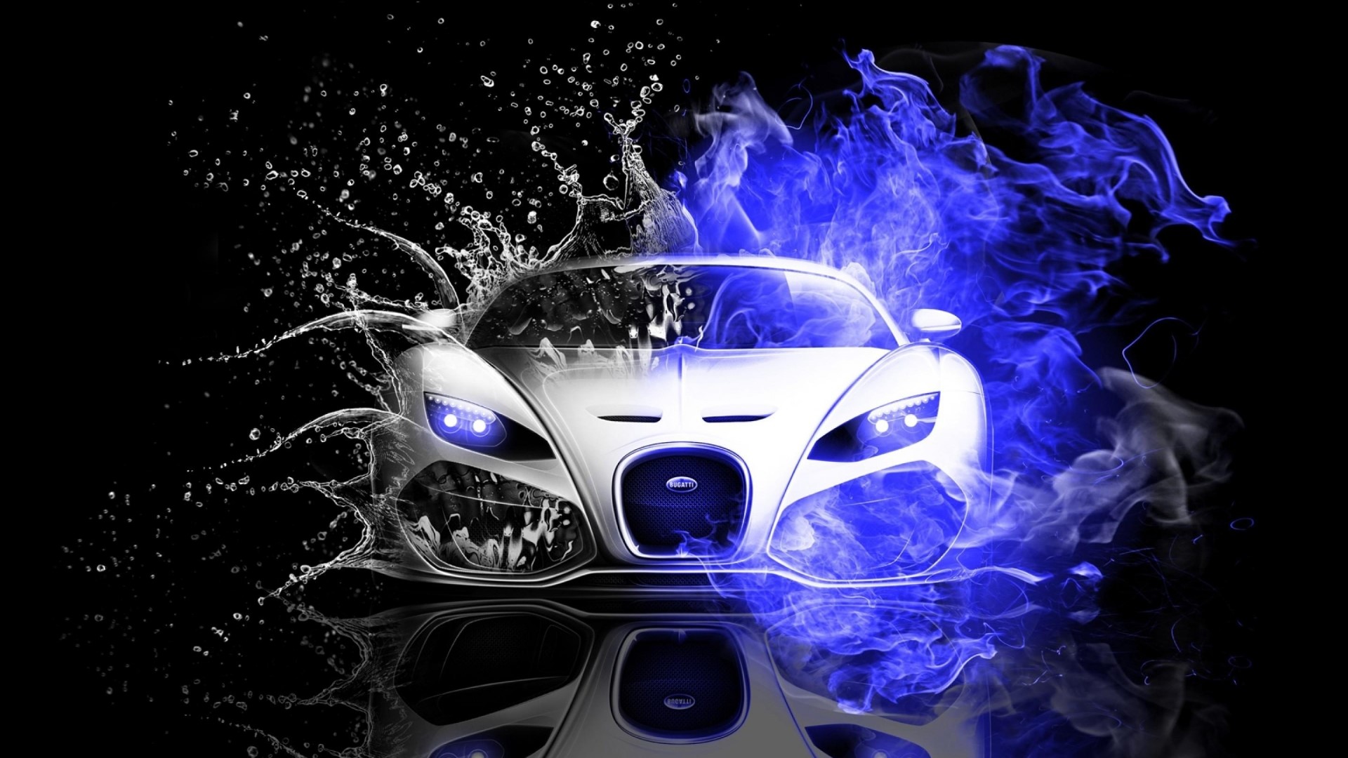 White Bugatti with Blue Flames and Water Splashes HD Wallpaper