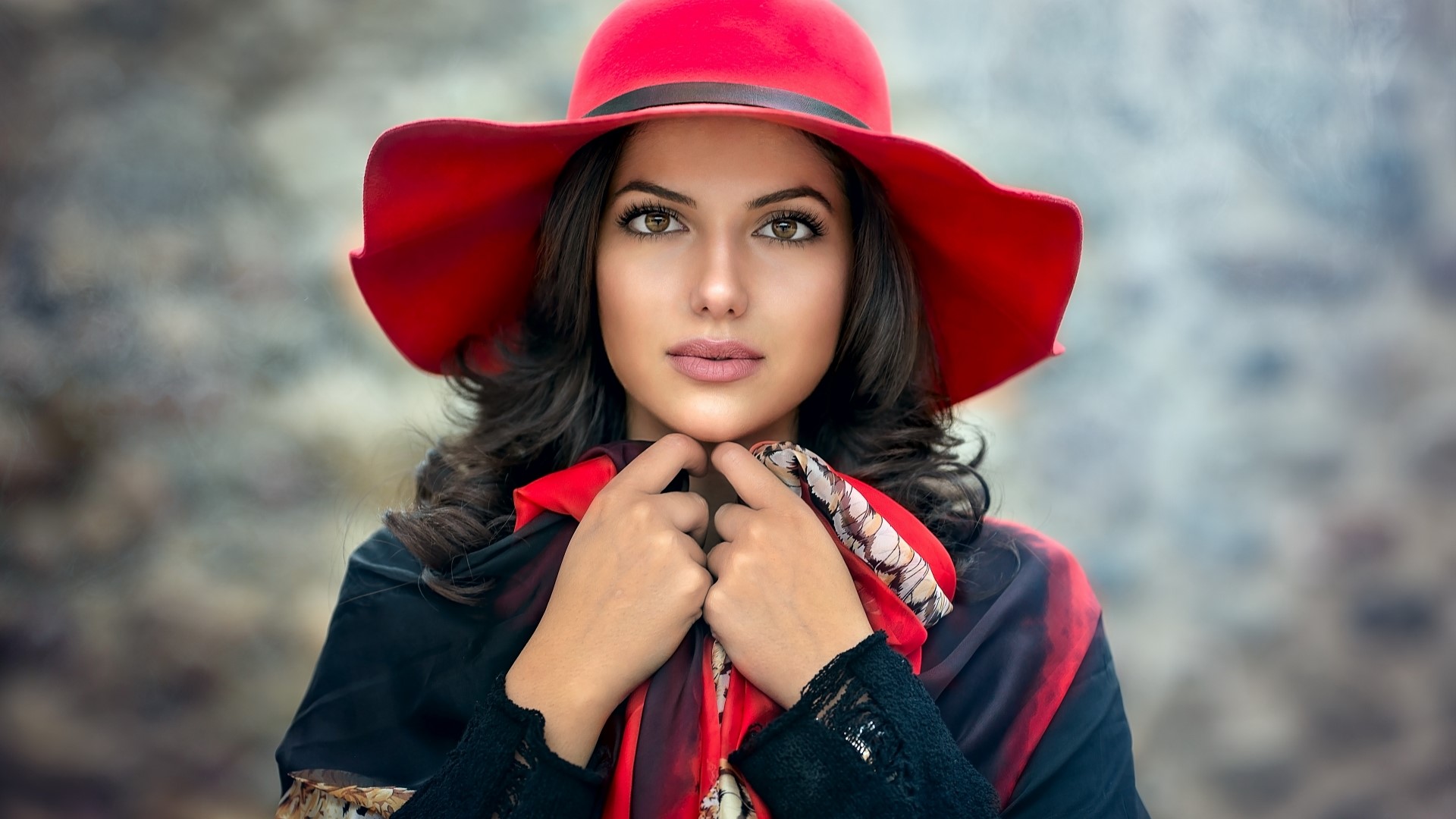 Woman wearing a red hat and scarf HD Wallpaper