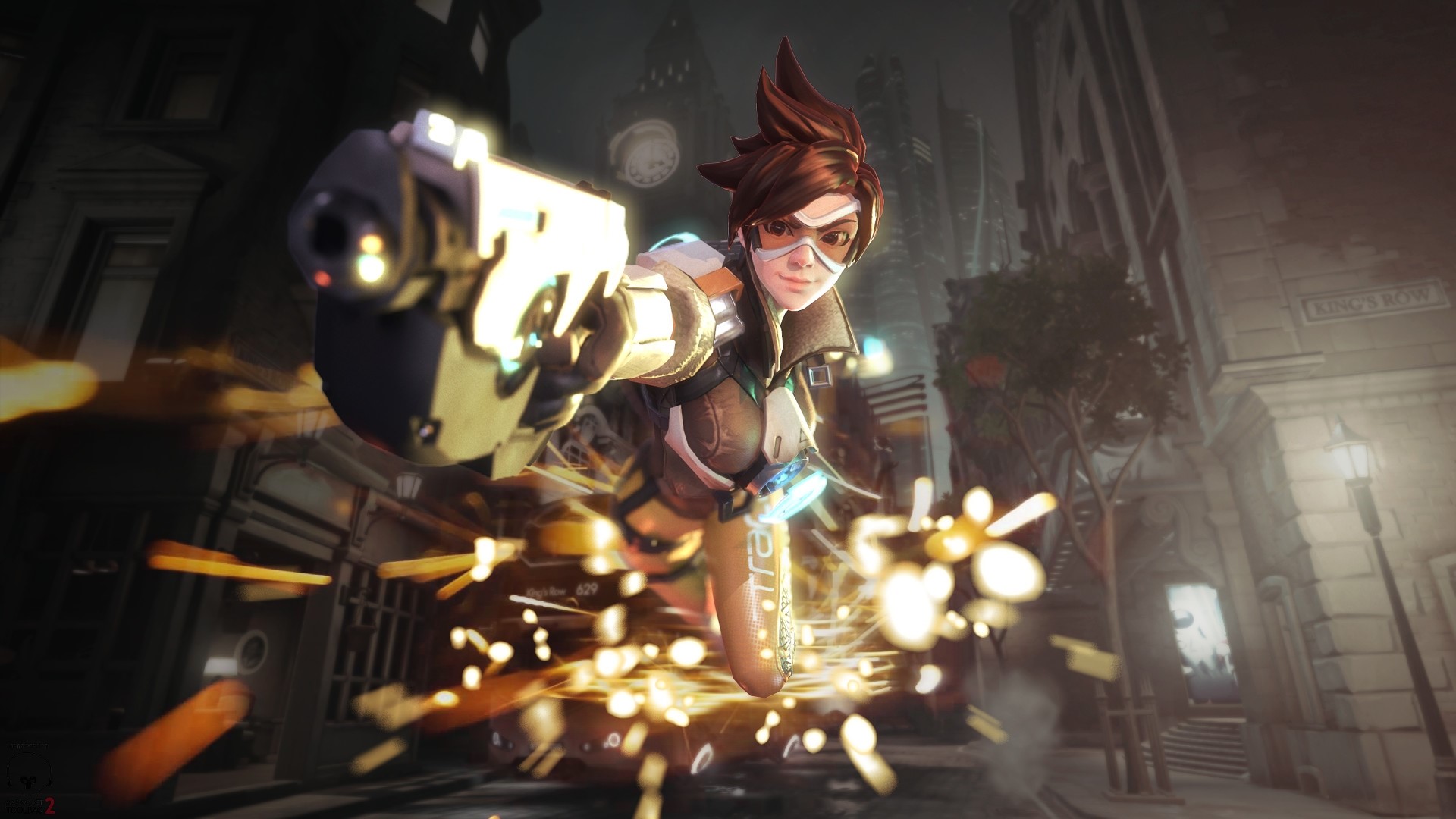 Tracer from Overwatch firing her pistols in London HD Wallpaper