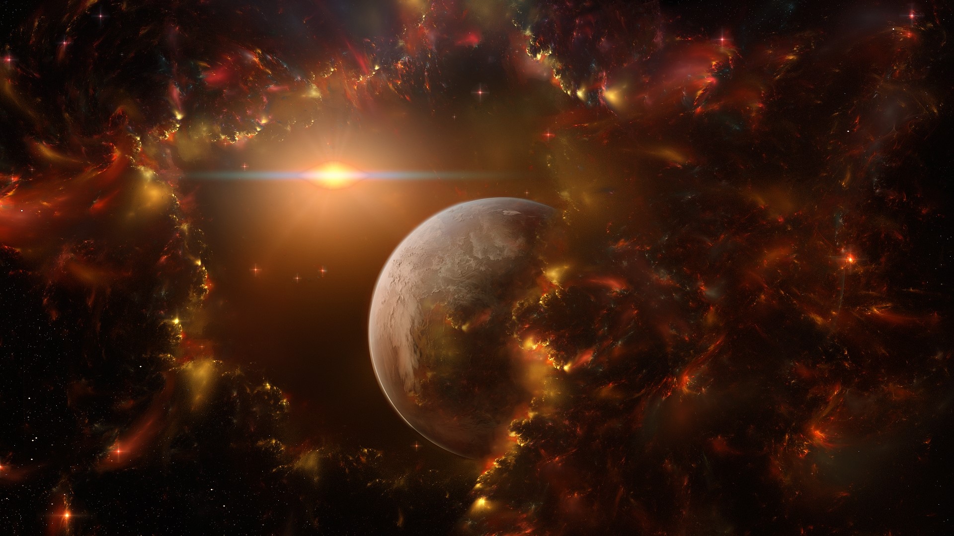 Planet in a nebula with a bright star HD Wallpaper