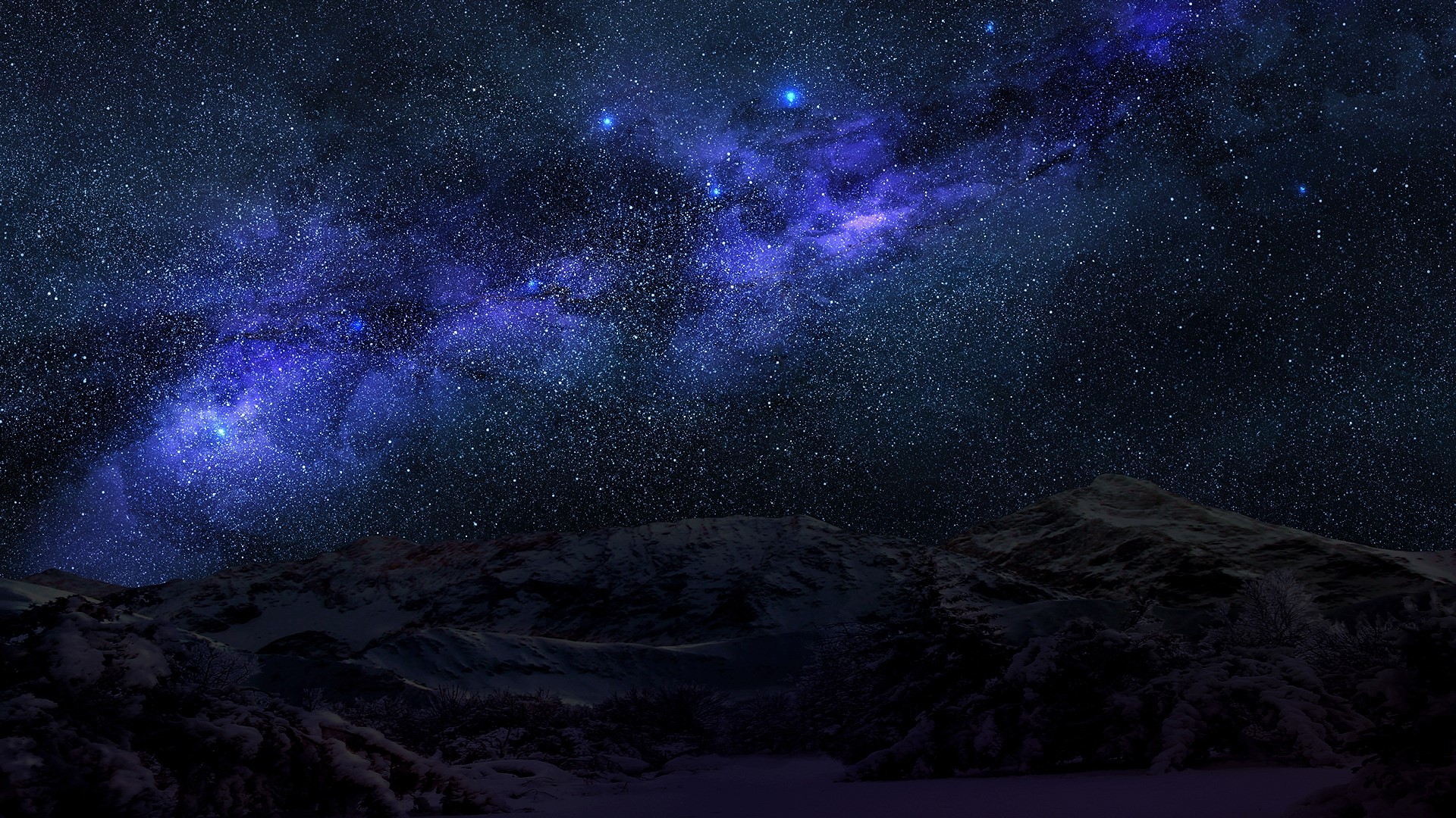 Starry night sky over snowy mountains HD Wallpaper