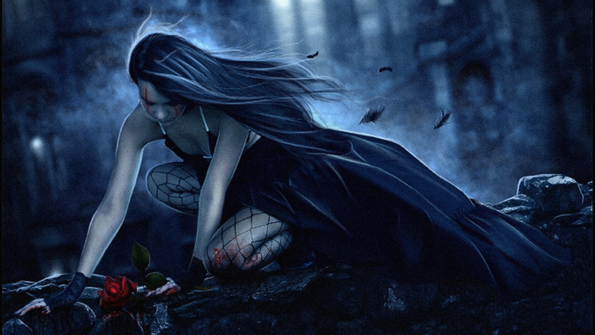 Mystic woman in dark forest with rose HD Wallpaper