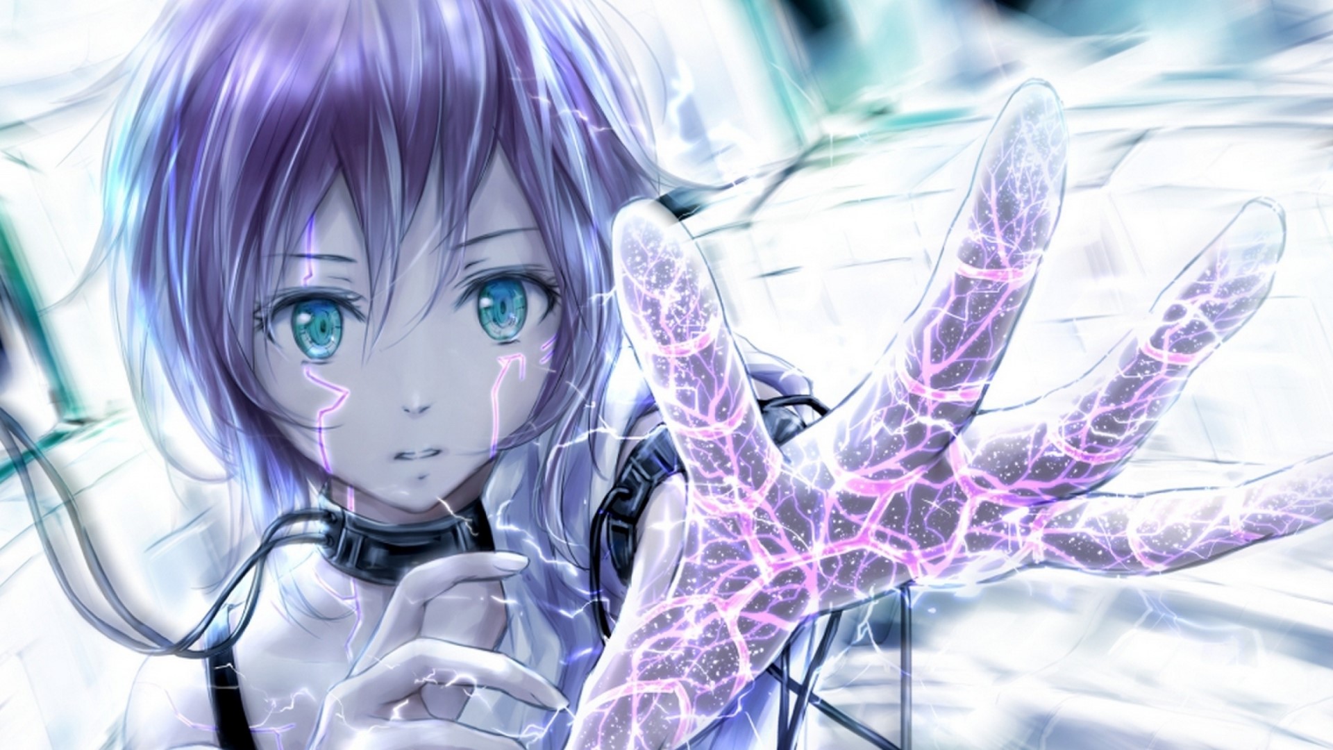 Girl with purple hair and glowing hand HD Wallpaper