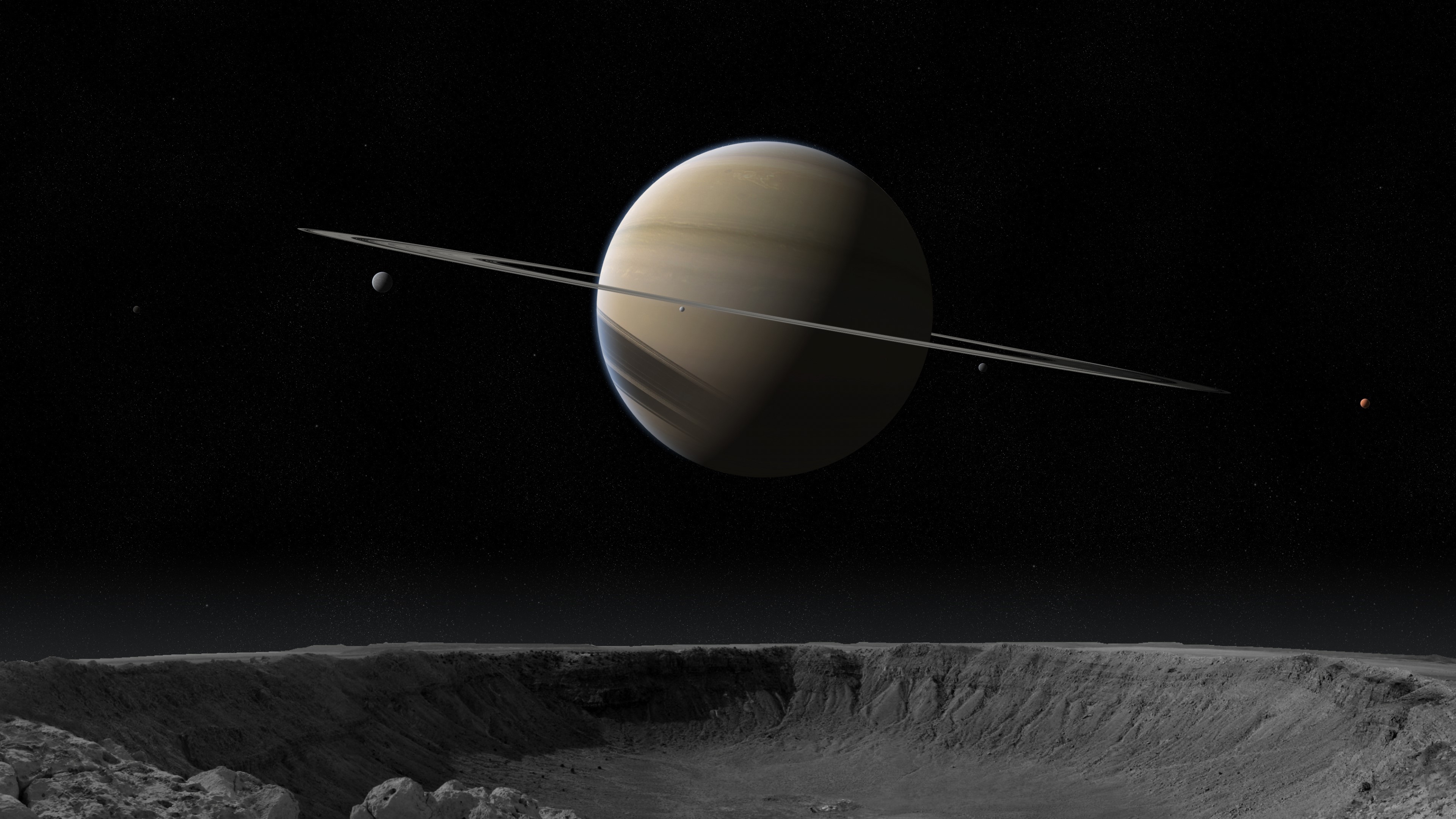 4K Saturn and its moons from a cratered surface HD Wallpaper