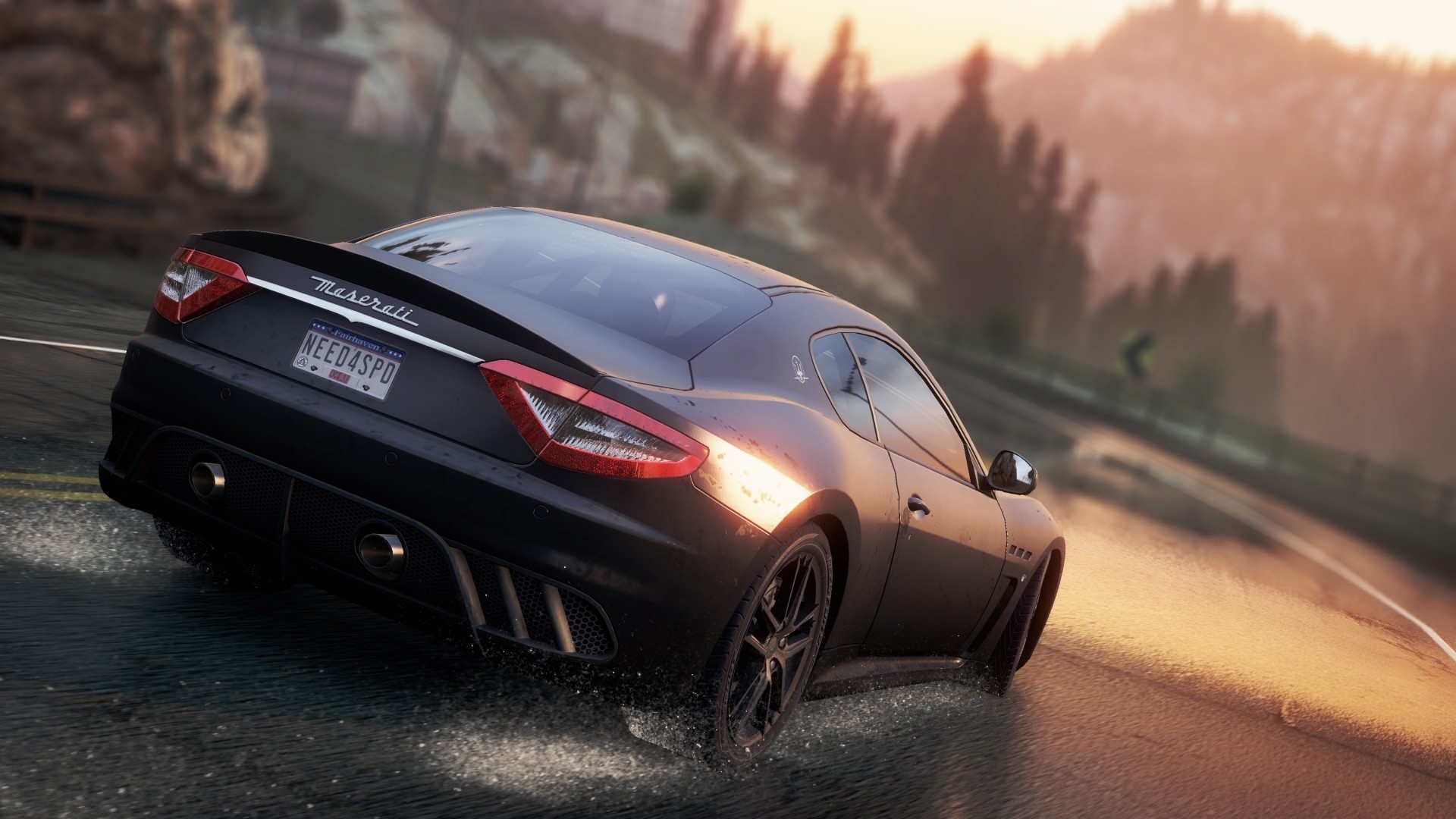 Maserati GranTurismo on a wet road HD Wallpaper