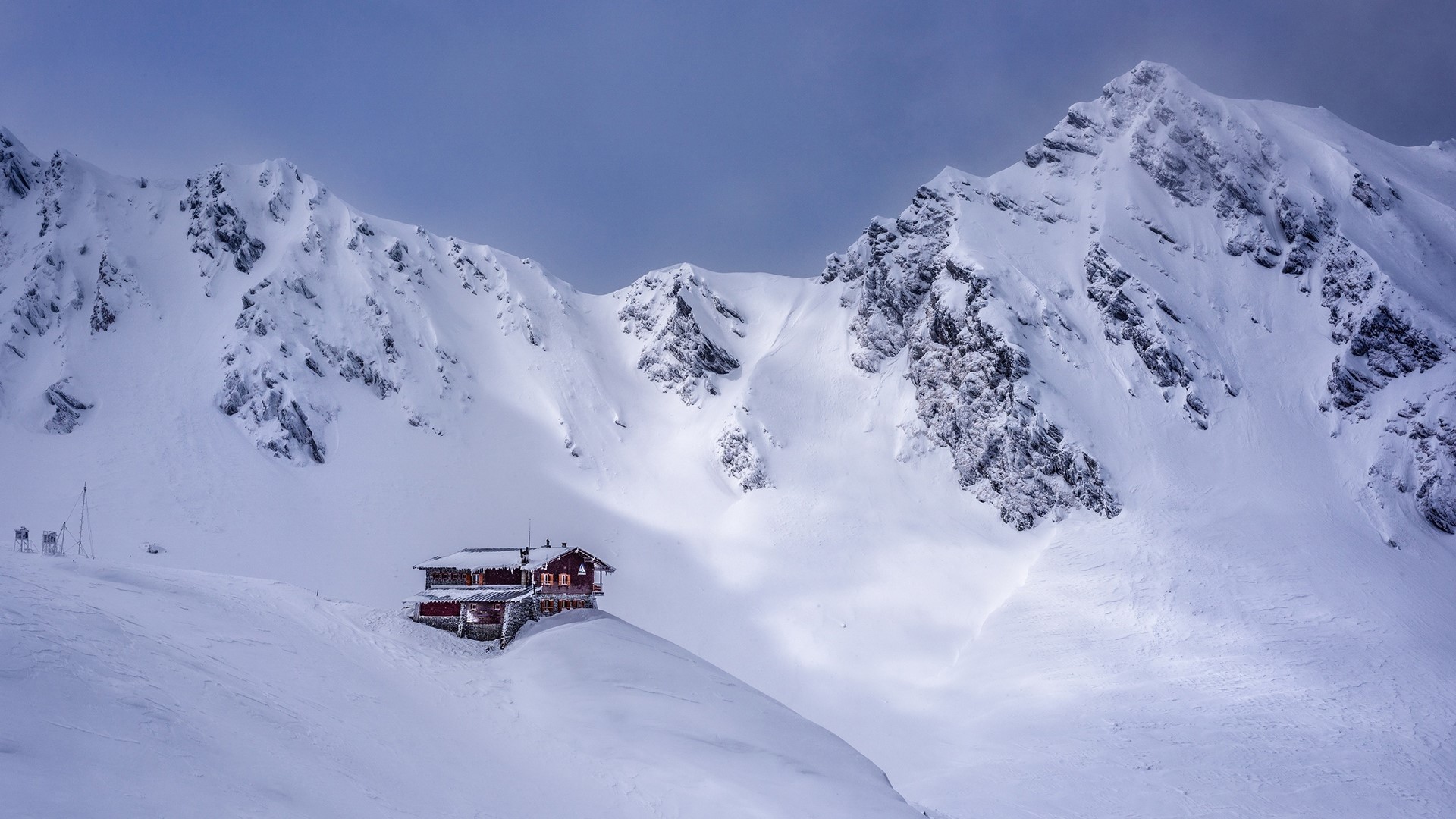 Wooden cabin in snowy mountains, Romania HD Wallpaper