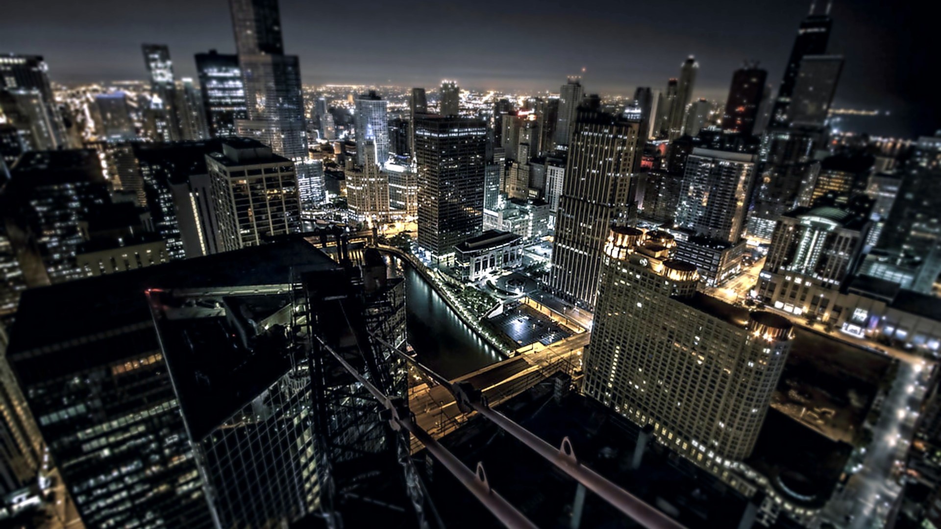 Cityscape at Night with River HD Wallpaper