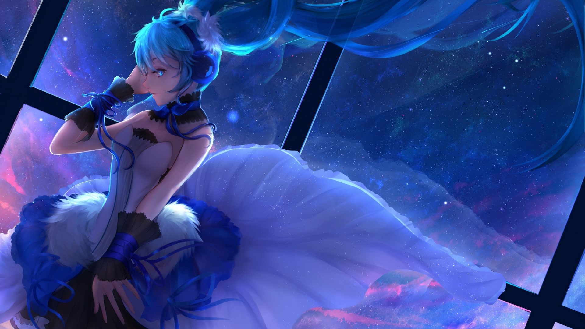 Girl from 7th Dragon in a blue dress against a starry sky HD Wallpaper