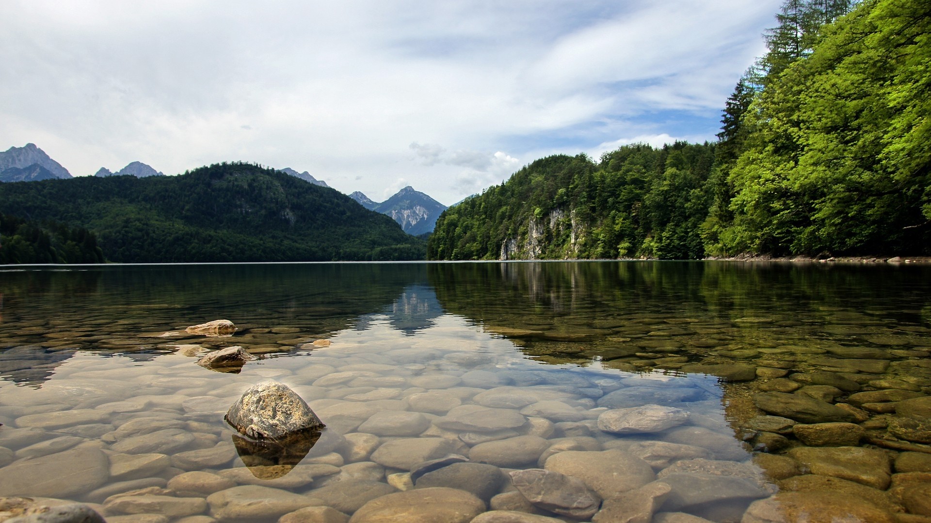 Clear lake with rocky bottom and forested mountains HD Wallpaper