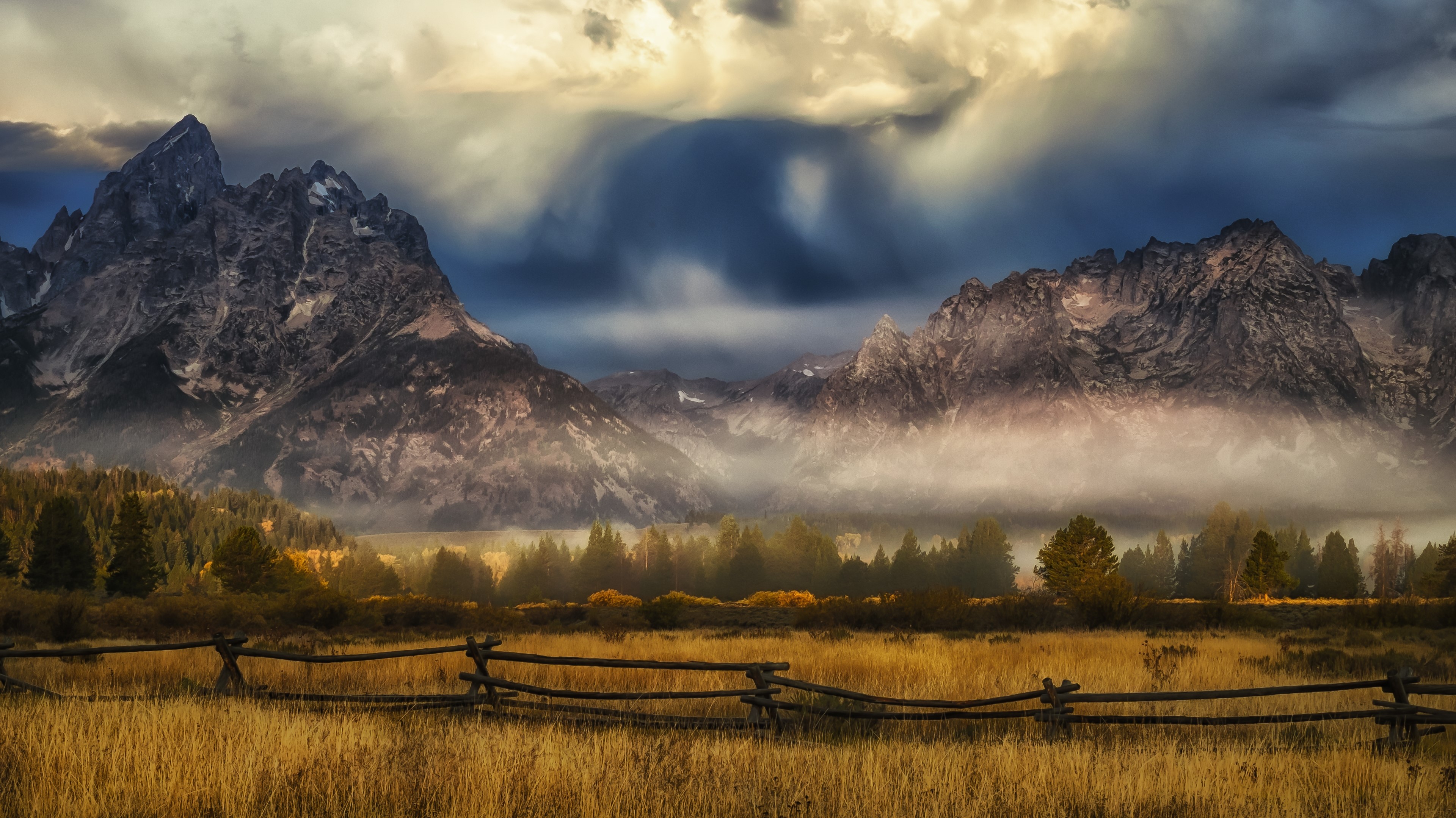 4K Foggy Mountains with Wooden Fence HD Wallpaper